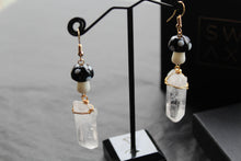 Load image into Gallery viewer, Gold Tone Black Mushroom &amp; Raw Quartz Earrings
