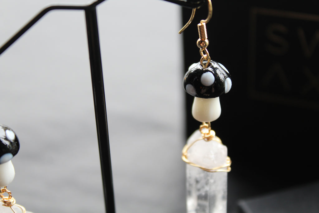 Gold Tone Black Mushroom & Raw Quartz Earrings