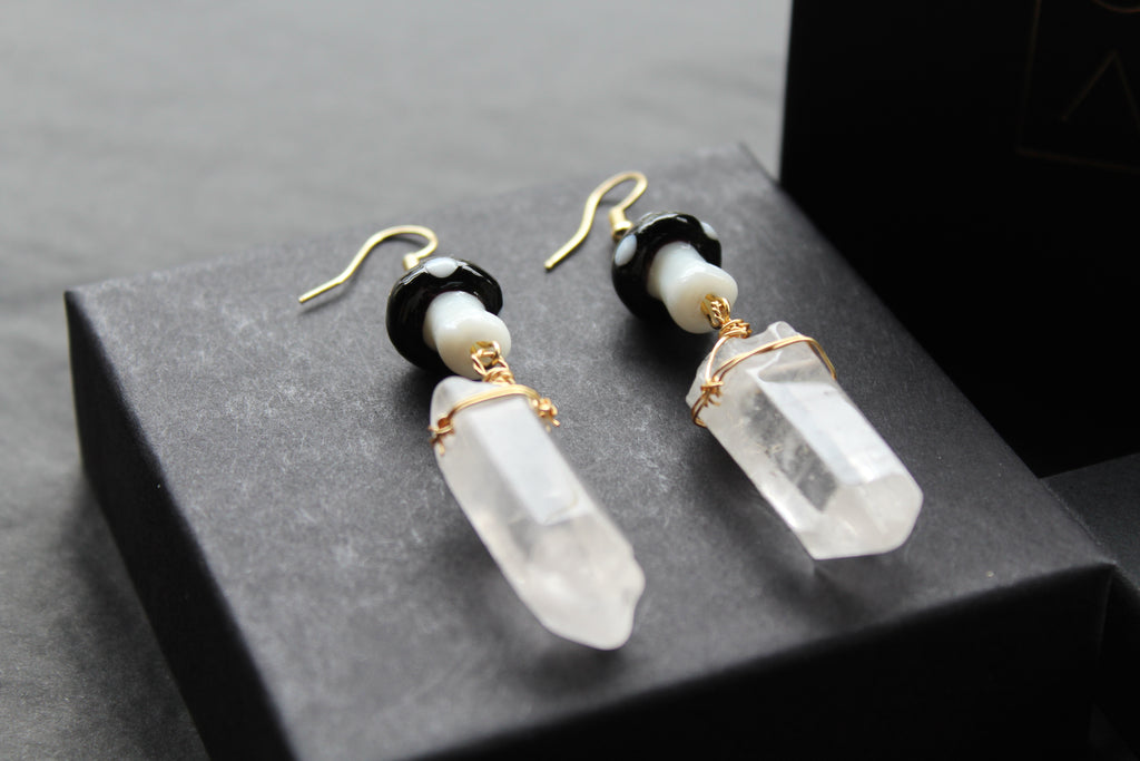Gold Tone Black Mushroom & Raw Quartz Earrings