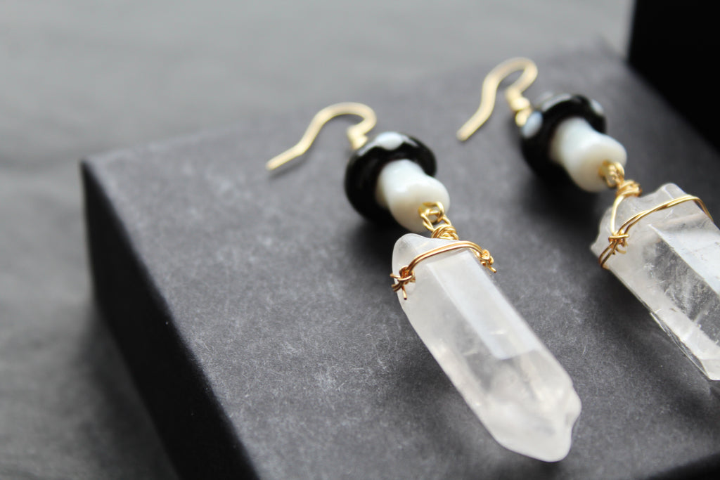 Gold Tone Black Mushroom & Raw Quartz Earrings