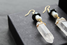 Load image into Gallery viewer, Gold Tone Black Mushroom &amp; Raw Quartz Earrings
