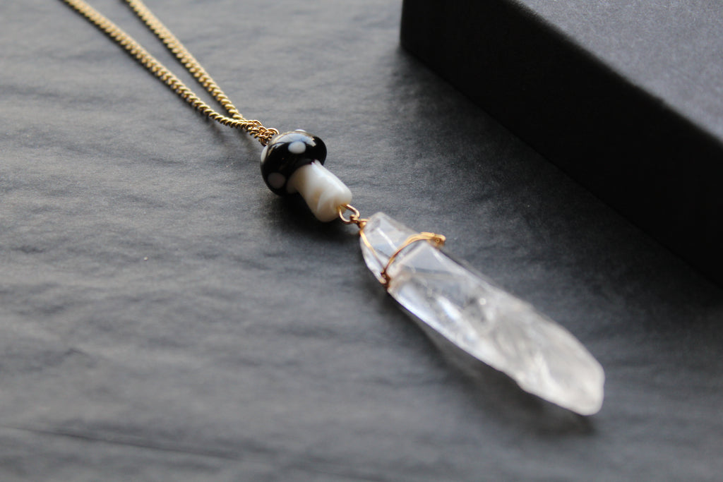 Gold Tone Black Mushroom & Raw Quartz Necklace