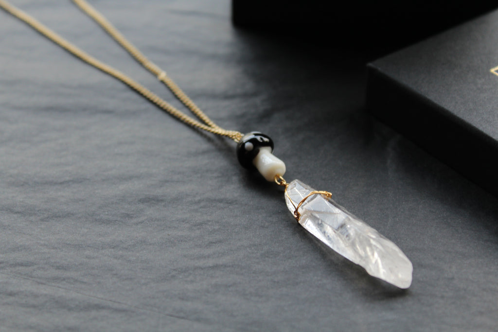 Gold Tone Black Mushroom & Raw Quartz Necklace