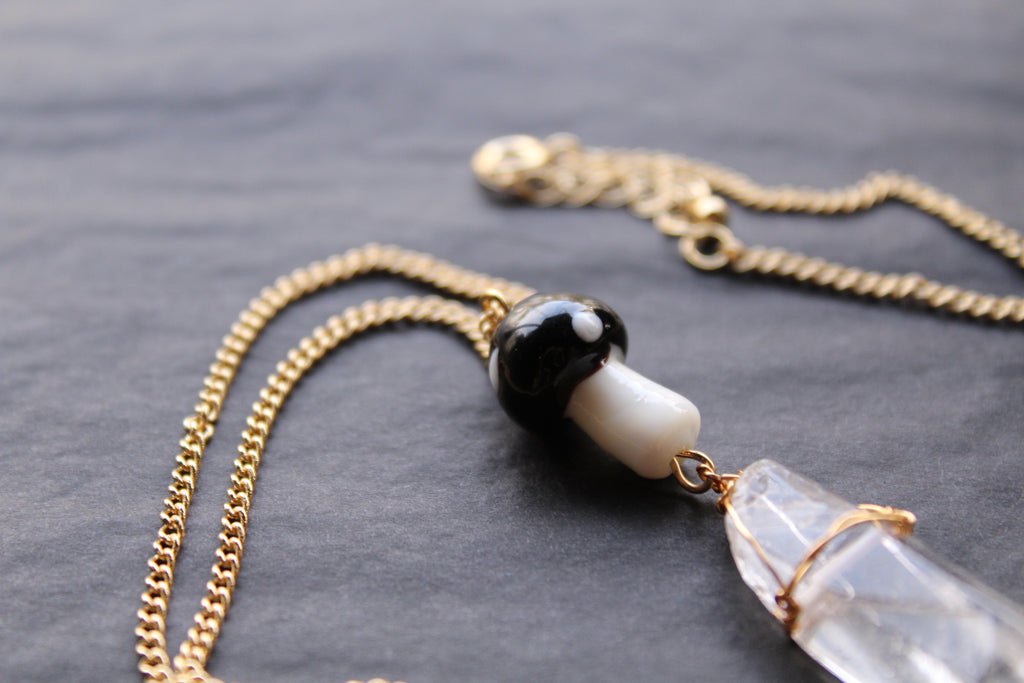 Gold Tone Black Mushroom & Raw Quartz Necklace