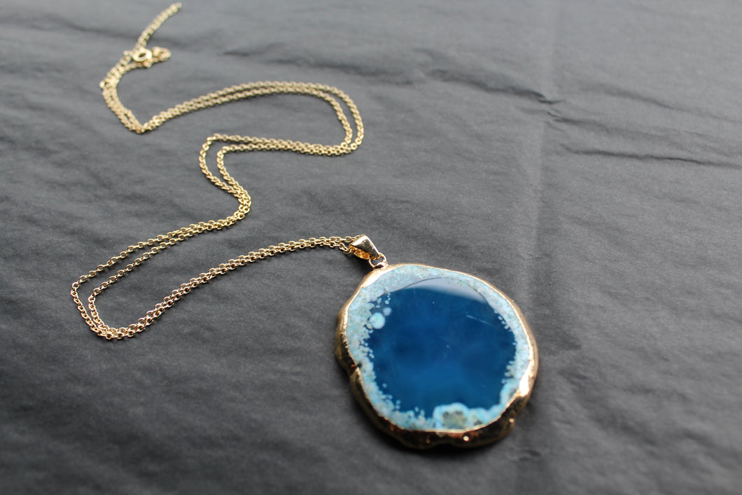 Gold Tone Blue Agate Crystal Long Length Statement Necklace