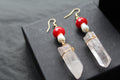 Gold Tone Red Mushroom & Raw Quartz Earrings
