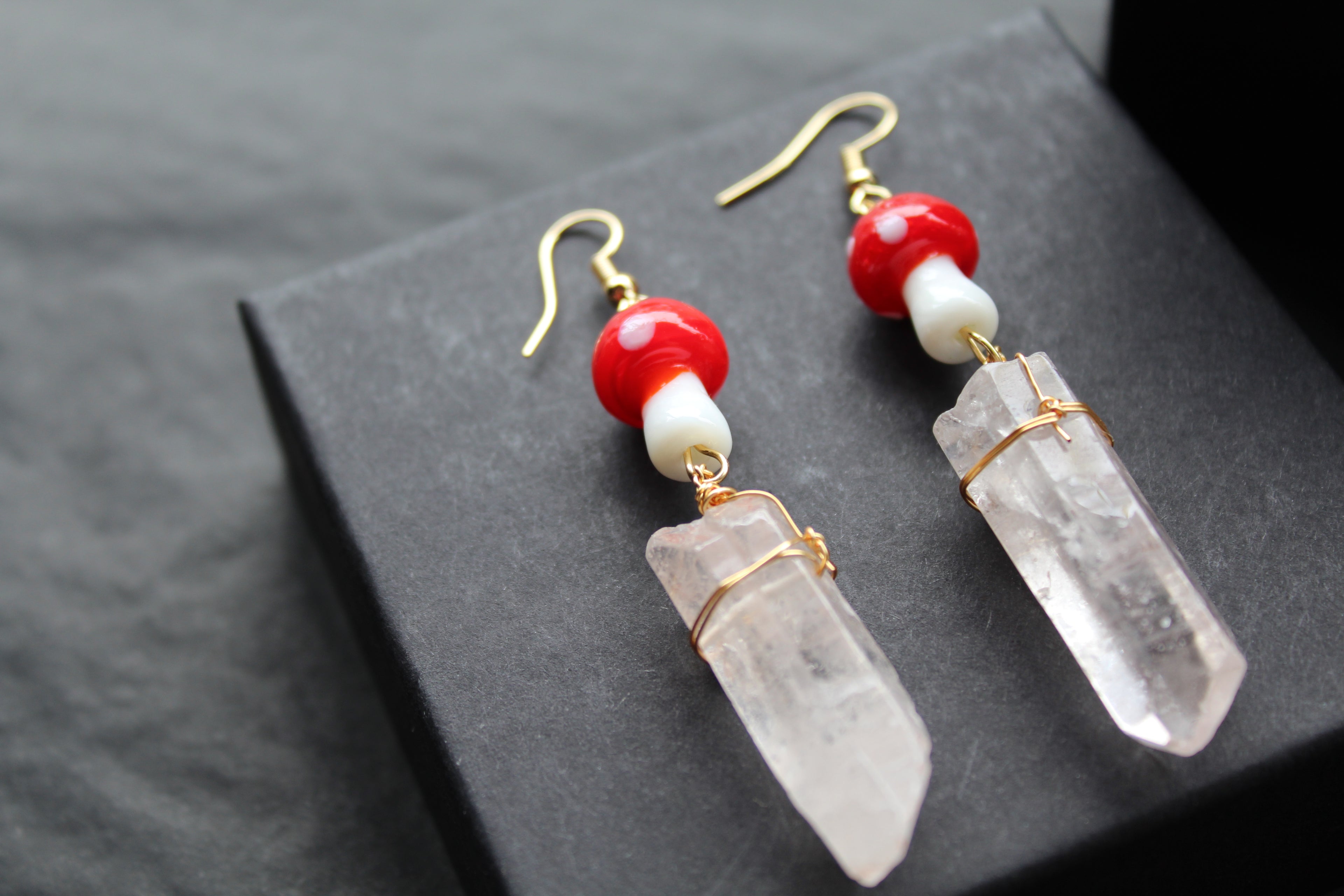 Gold Tone Red Mushroom & Raw Quartz Earrings