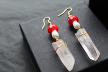 Load image into Gallery viewer, Gold Tone Red Mushroom &amp; Raw Quartz Earrings
