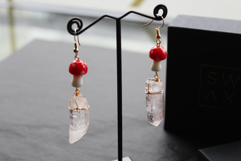 Gold Tone Red Mushroom & Raw Quartz Earrings
