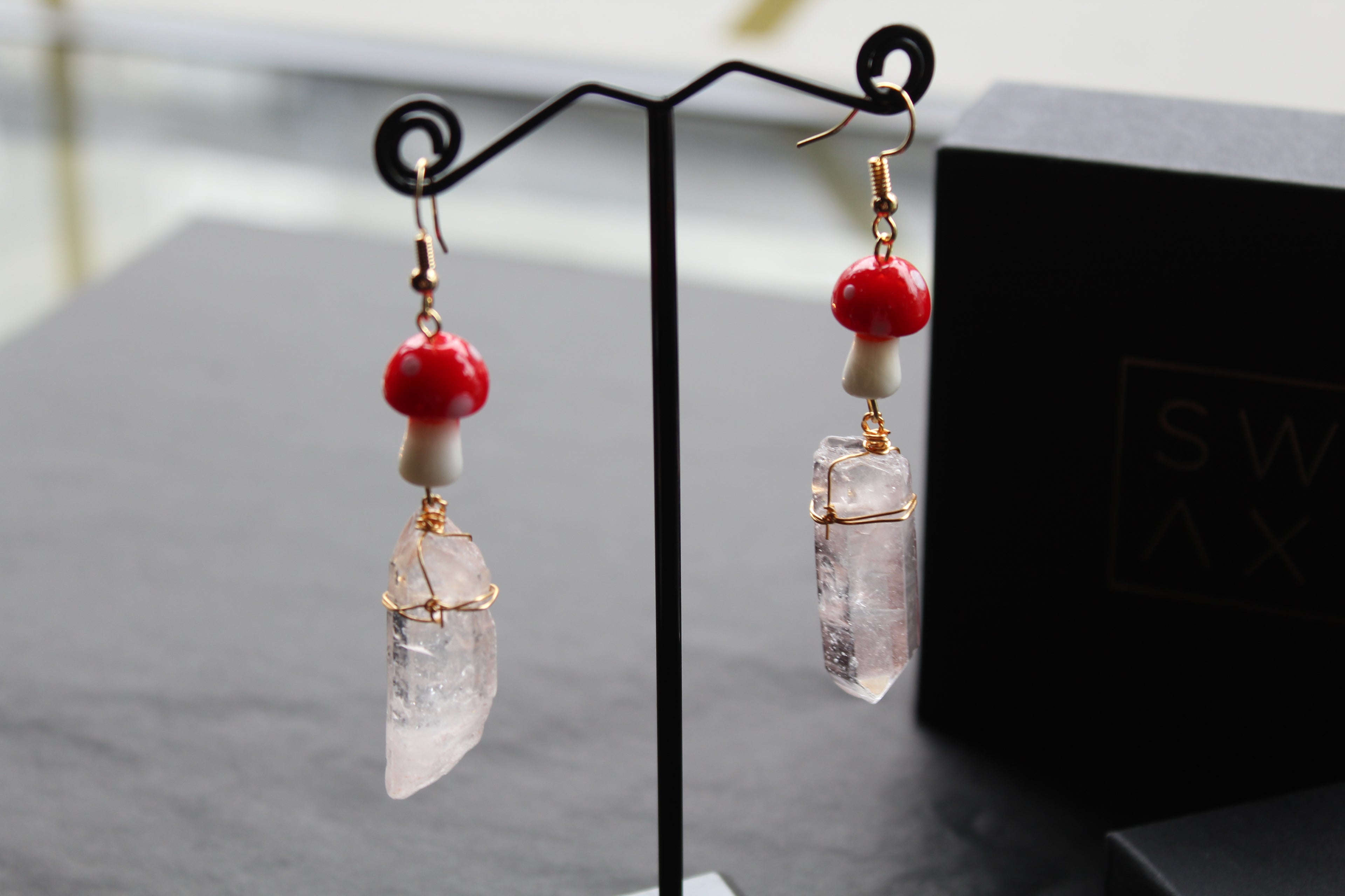 Gold Tone Red Mushroom & Raw Quartz Earrings