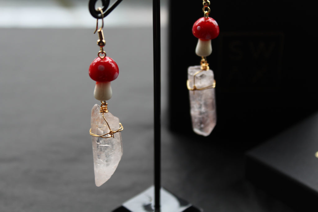 Gold Tone Red Mushroom & Raw Quartz Earrings