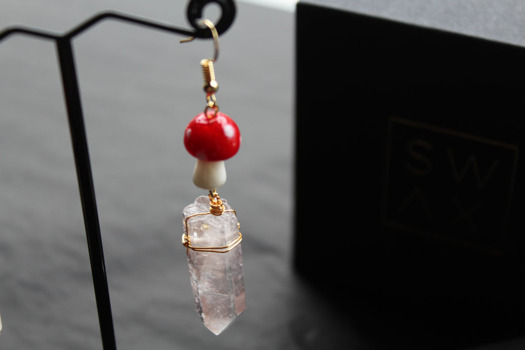 Gold Tone Red Mushroom & Raw Quartz Earrings