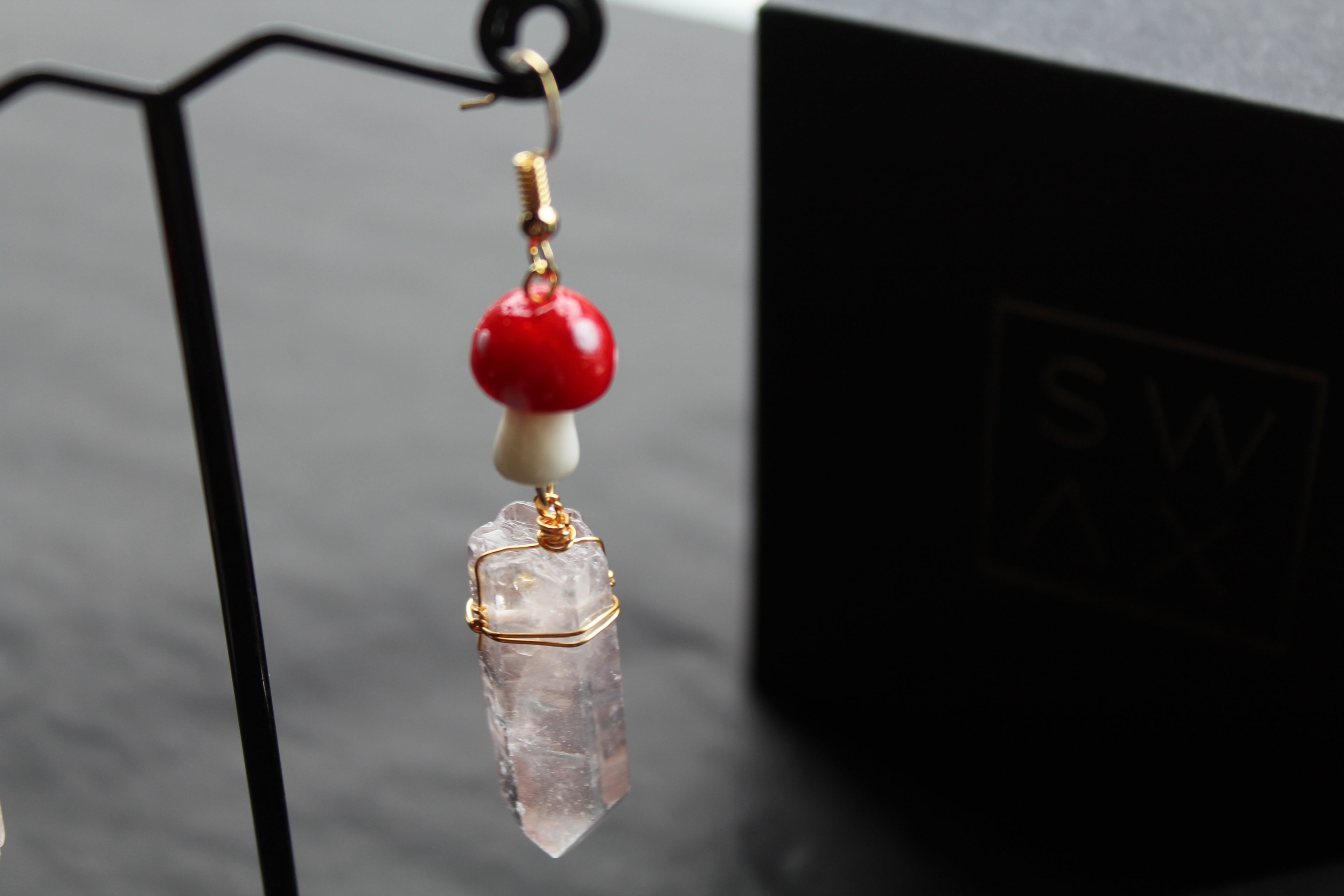 Gold Tone Red Mushroom & Raw Quartz Earrings