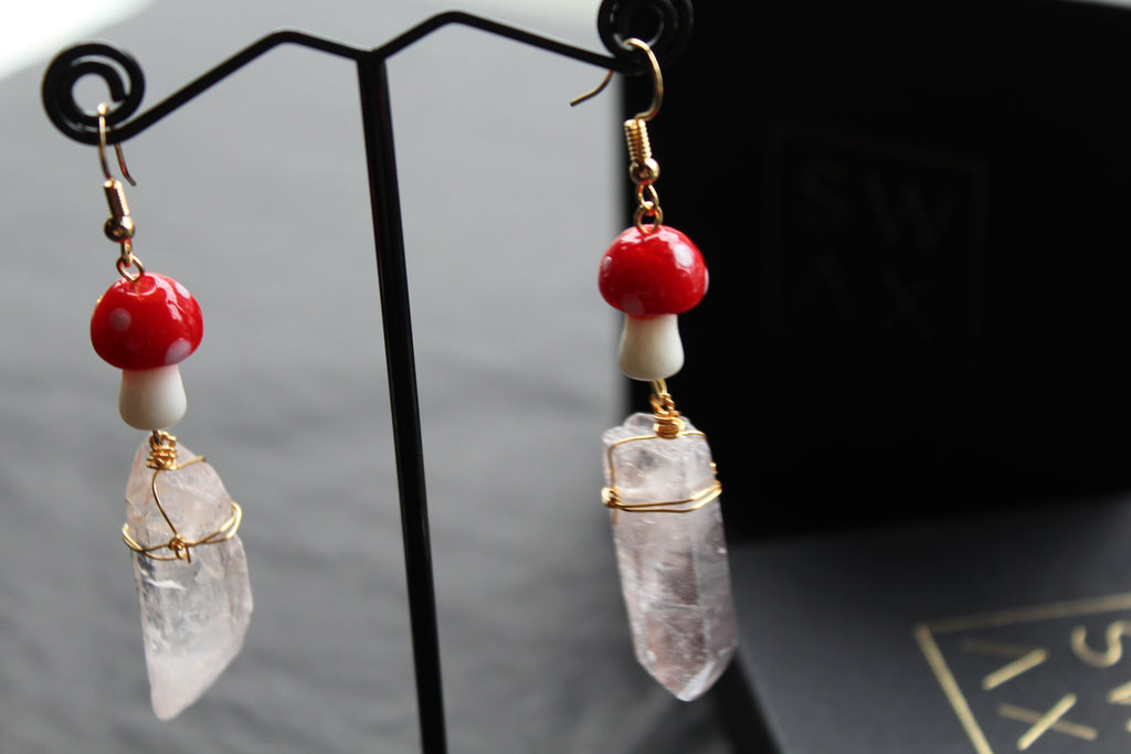 Gold Tone Red Mushroom & Raw Quartz Earrings
