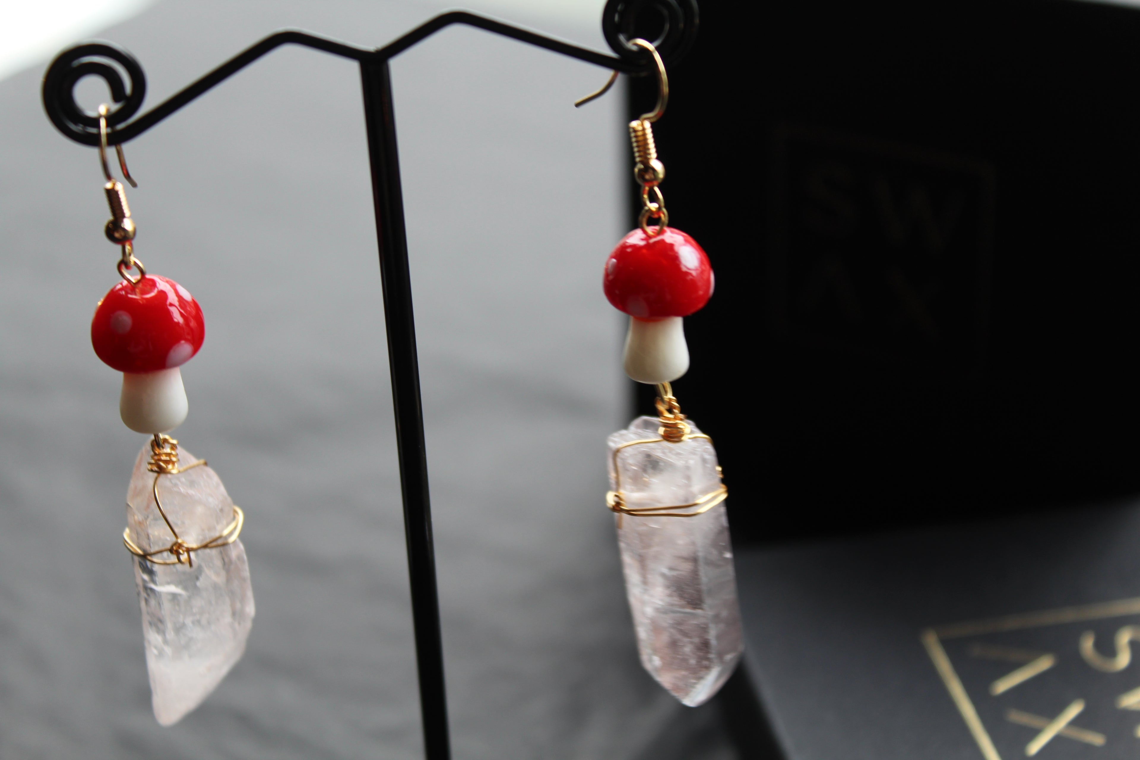 Gold Tone Red Mushroom & Raw Quartz Earrings