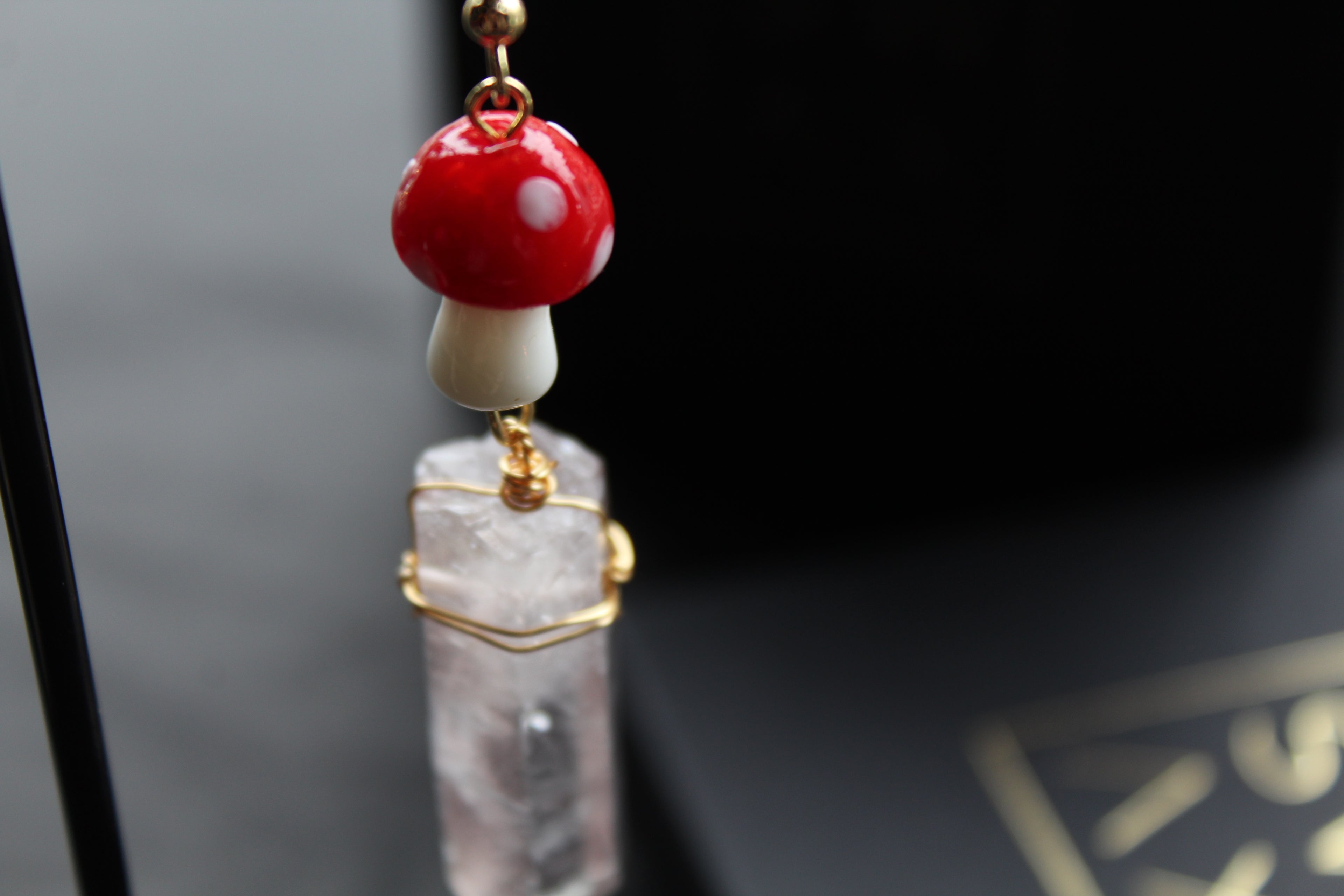 Gold Tone Red Mushroom & Raw Quartz Earrings