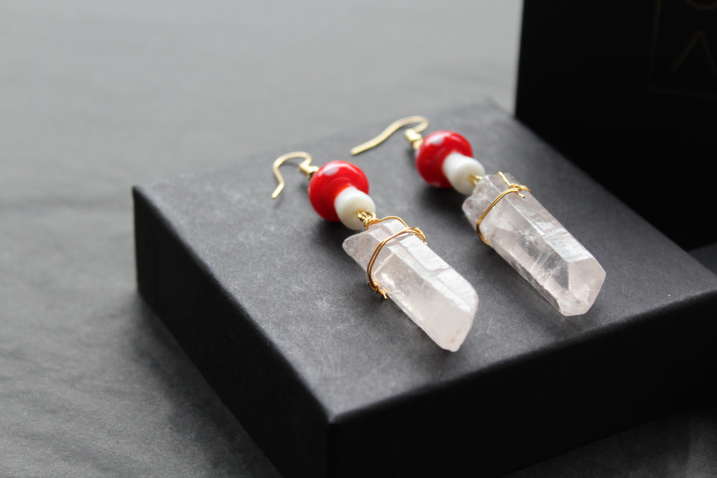Gold Tone Red Mushroom & Raw Quartz Earrings