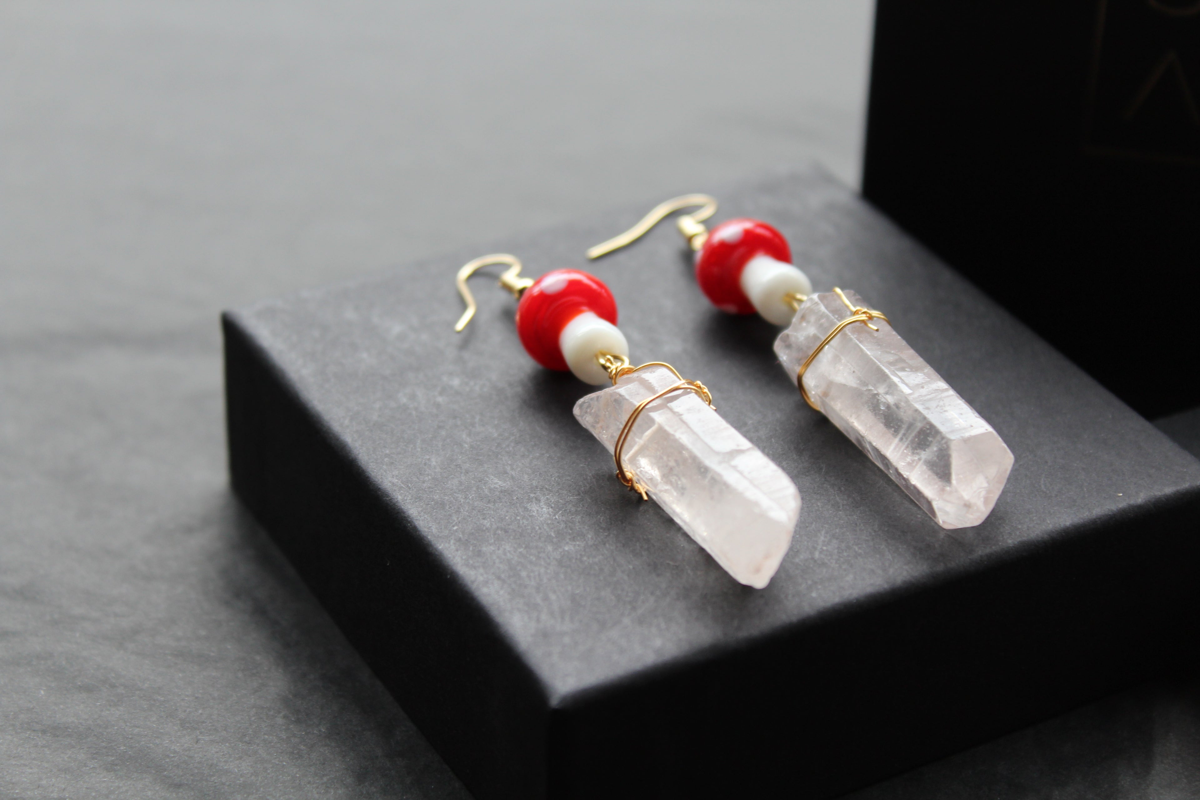Gold Tone Red Mushroom & Raw Quartz Earrings