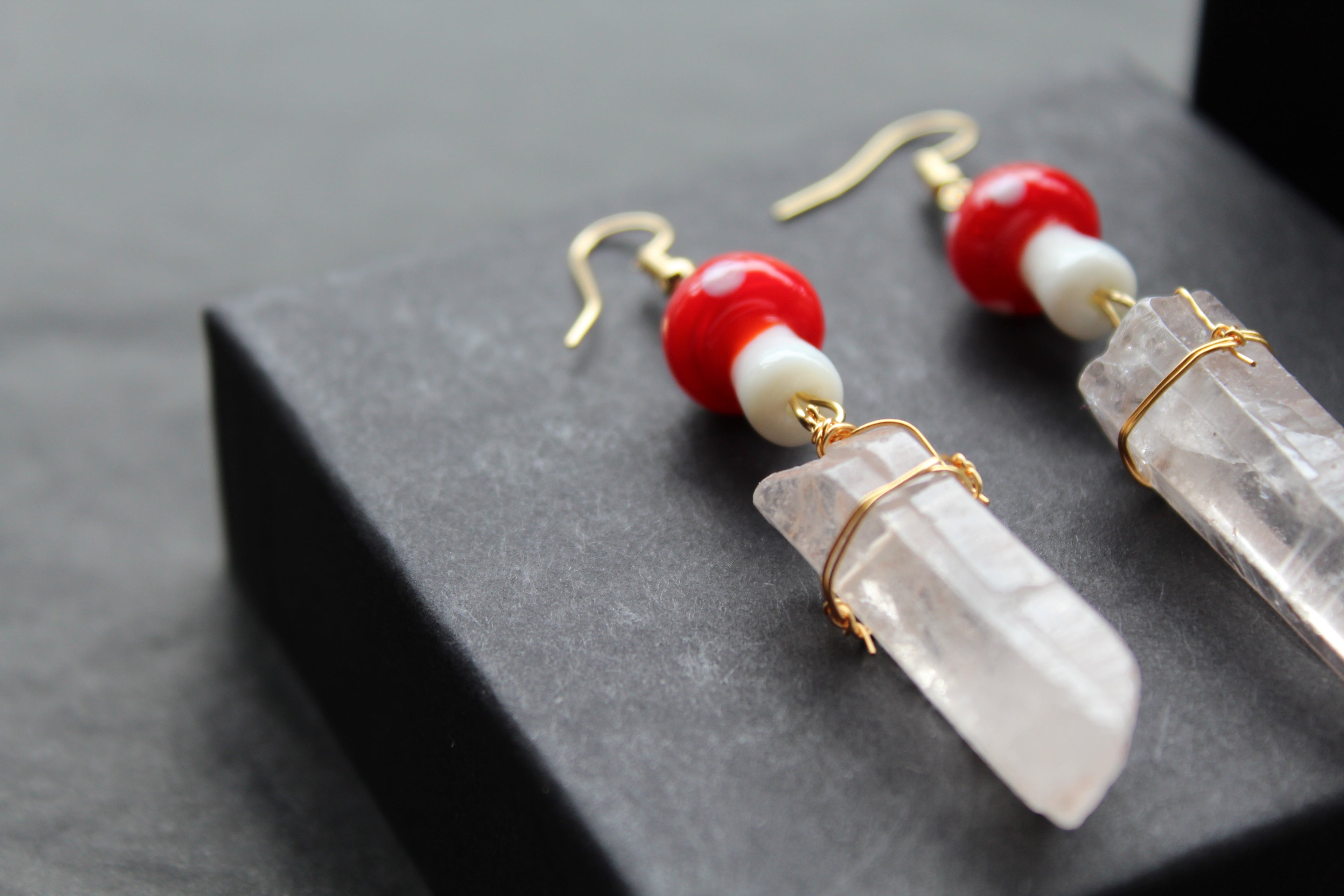Gold Tone Red Mushroom & Raw Quartz Earrings