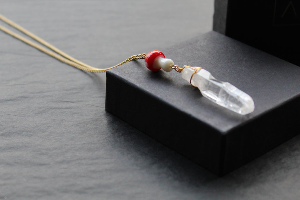 Gold Tone Red Mushroom & Raw Quartz Necklace