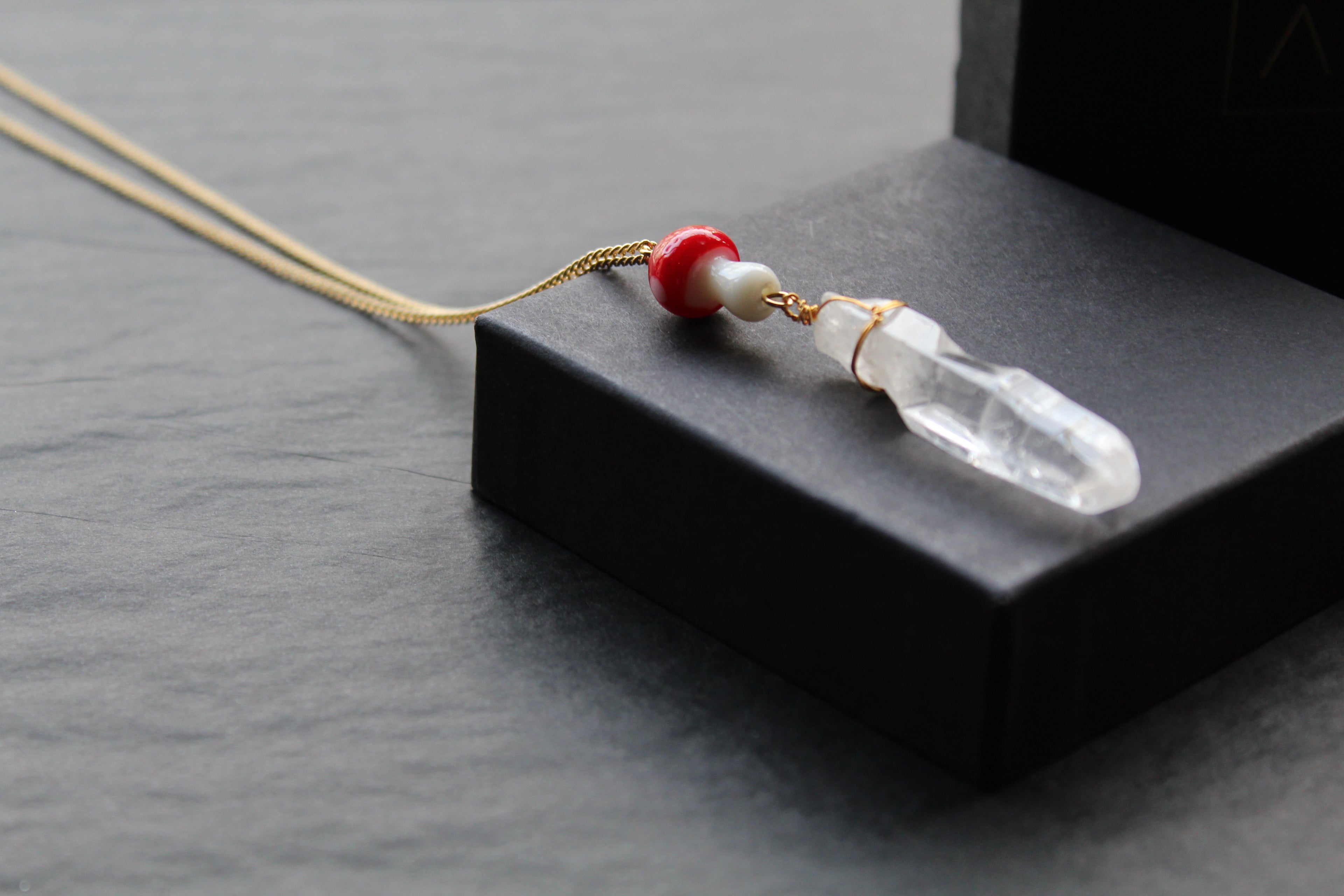 Gold Tone Red Mushroom & Raw Quartz Necklace