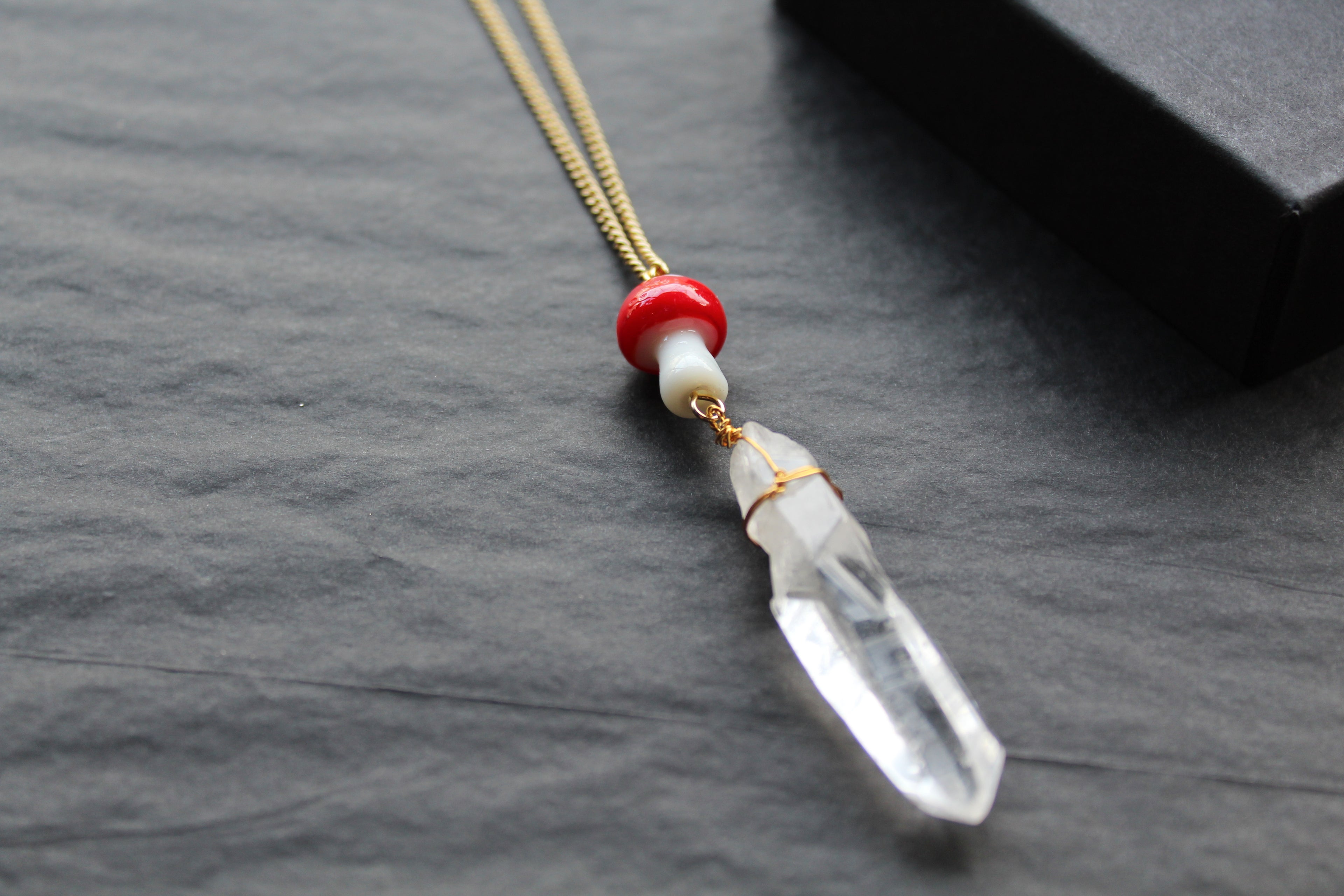 Gold Tone Red Mushroom & Raw Quartz Necklace