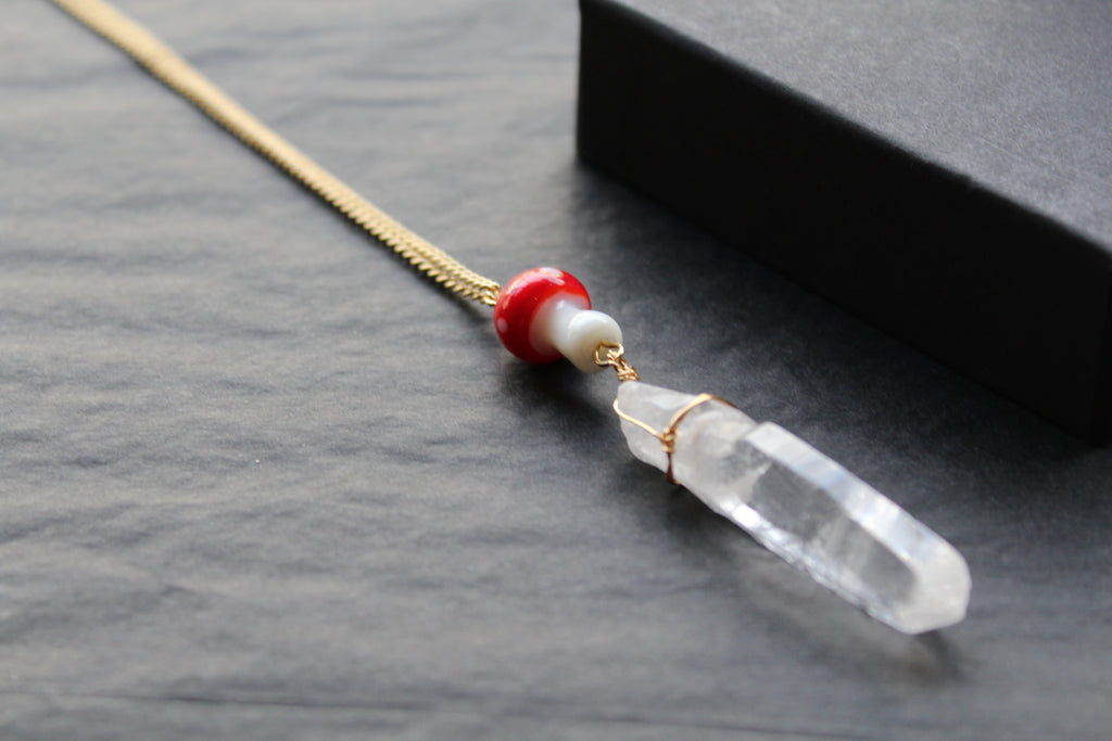 Gold Tone Red Mushroom & Raw Quartz Necklace
