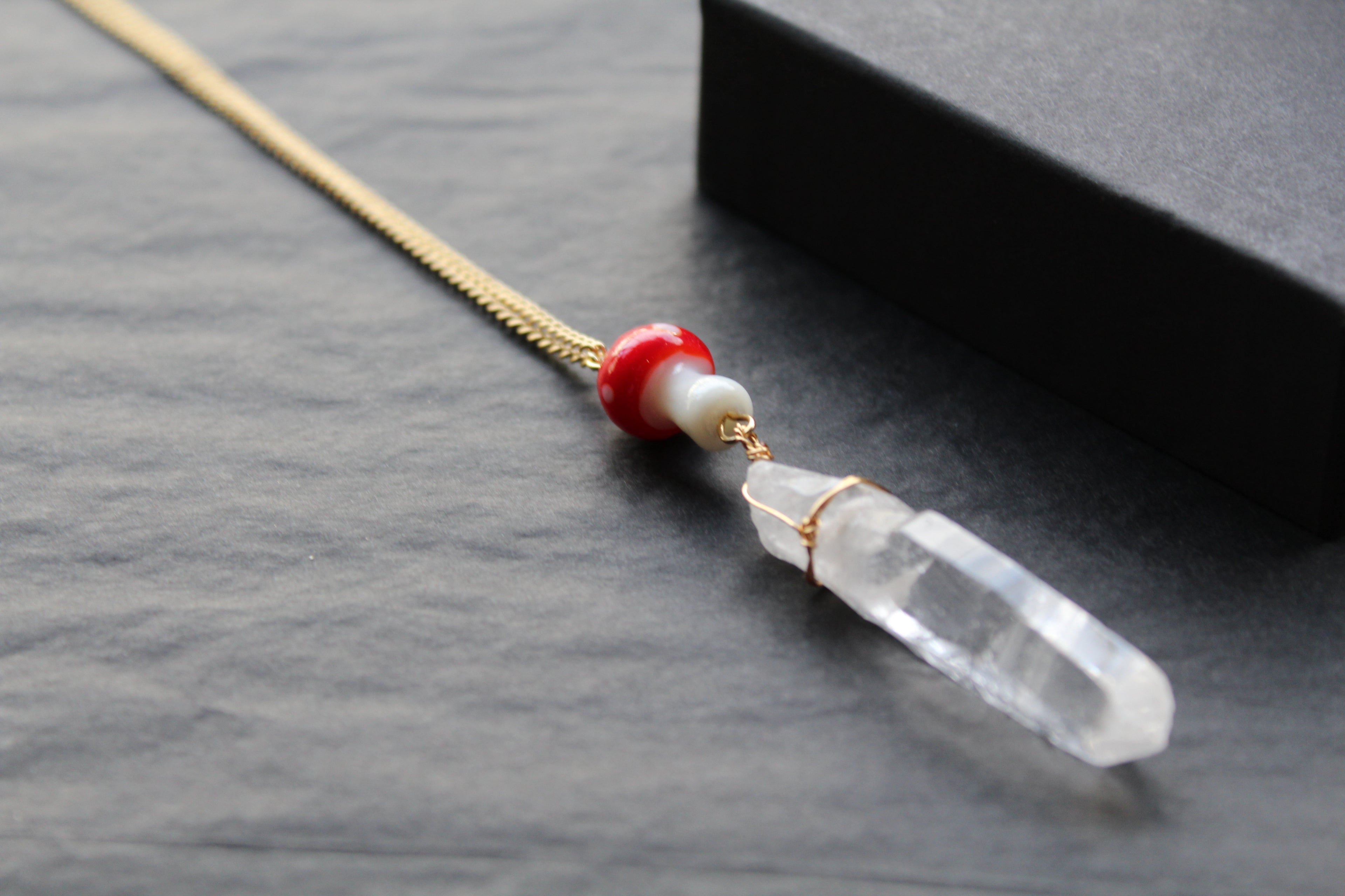 Gold Tone Red Mushroom & Raw Quartz Necklace