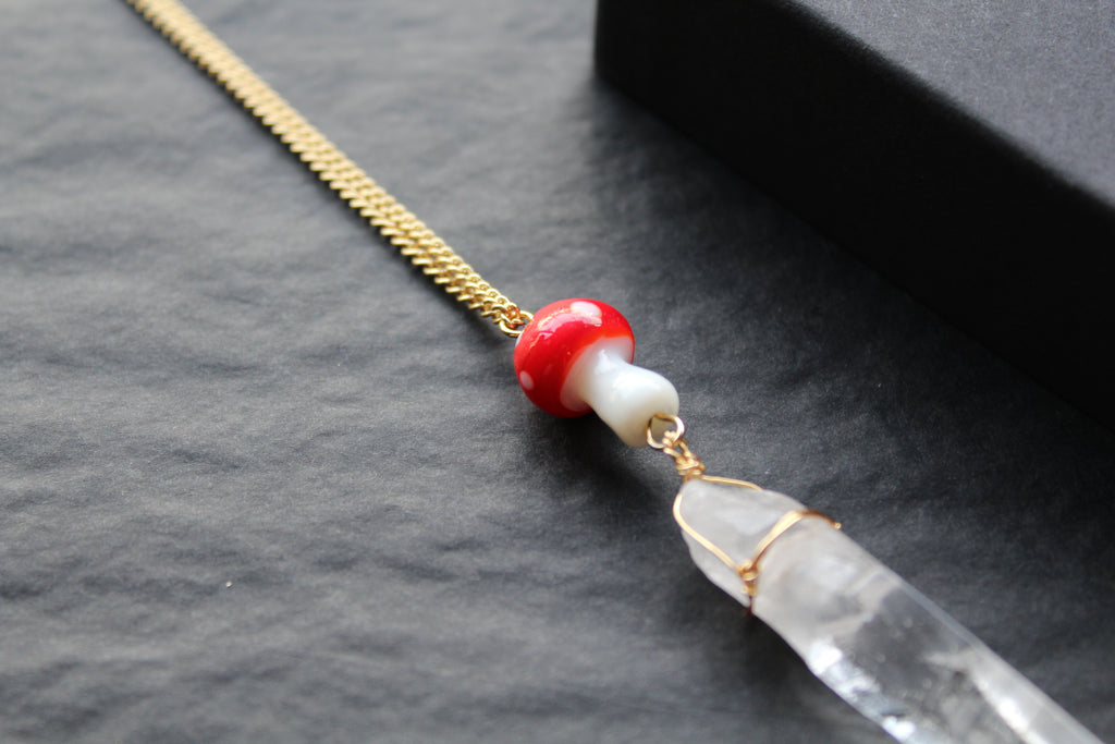 Gold Tone Red Mushroom & Raw Quartz Necklace