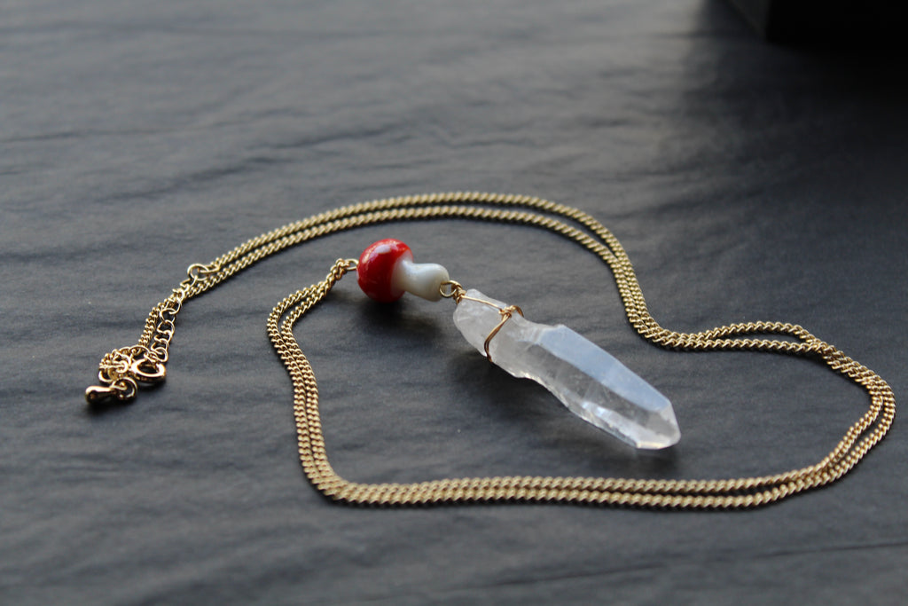 Gold Tone Red Mushroom & Raw Quartz Necklace
