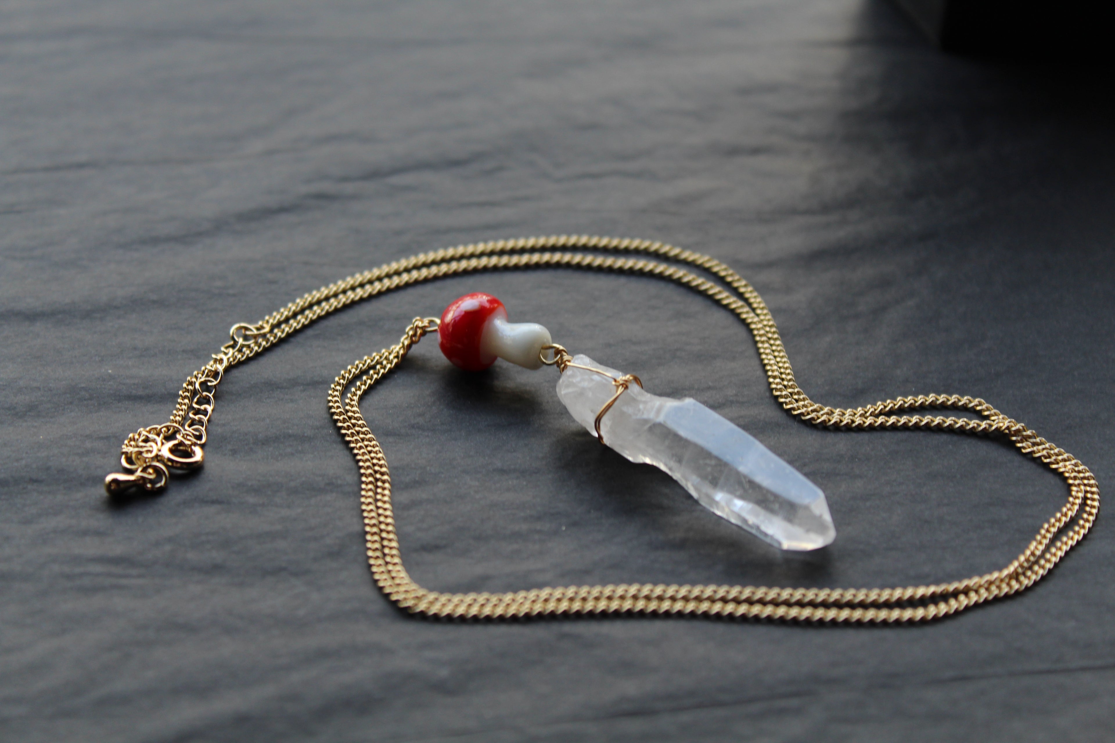 Gold Tone Red Mushroom & Raw Quartz Necklace