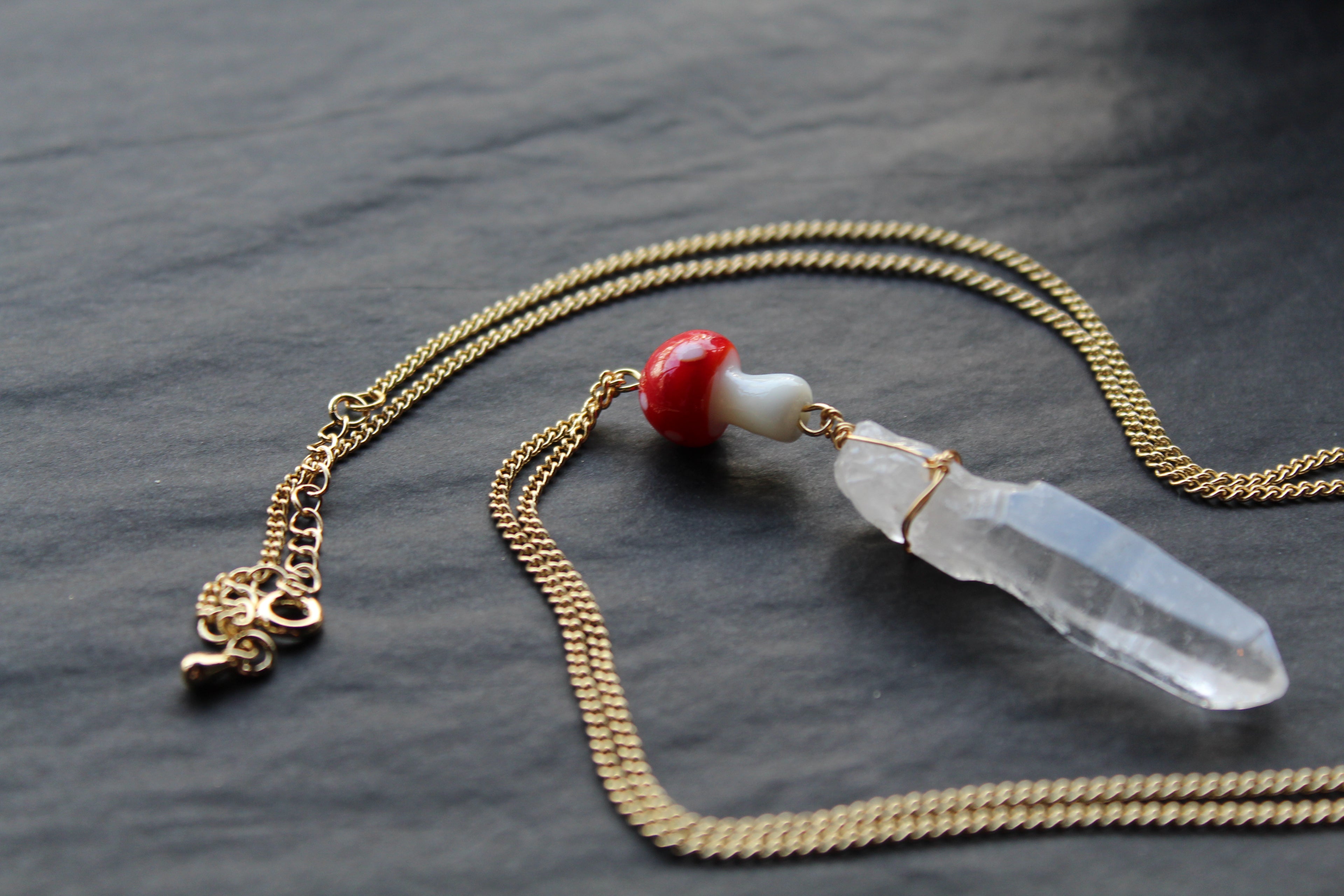 Gold Tone Red Mushroom & Raw Quartz Necklace