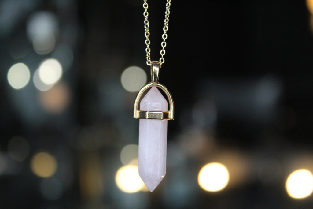 Gold Tone Rose Quartz Crystal Point Necklace