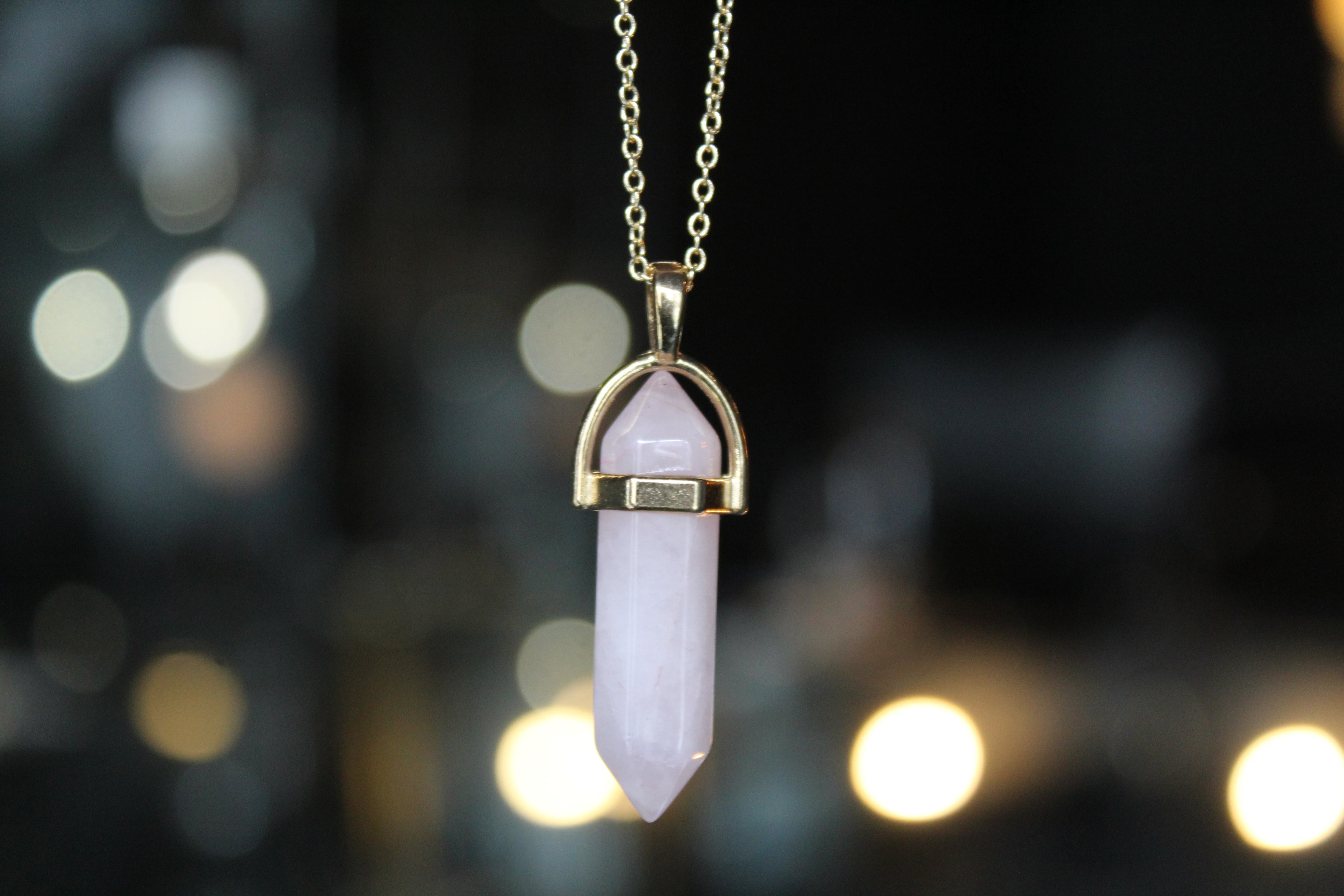 Gold Tone Rose Quartz Crystal Point Necklace