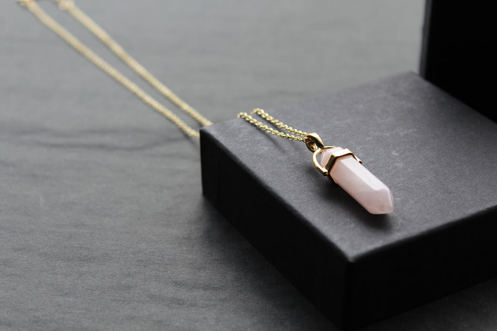 Gold Tone Rose Quartz Crystal Point Necklace