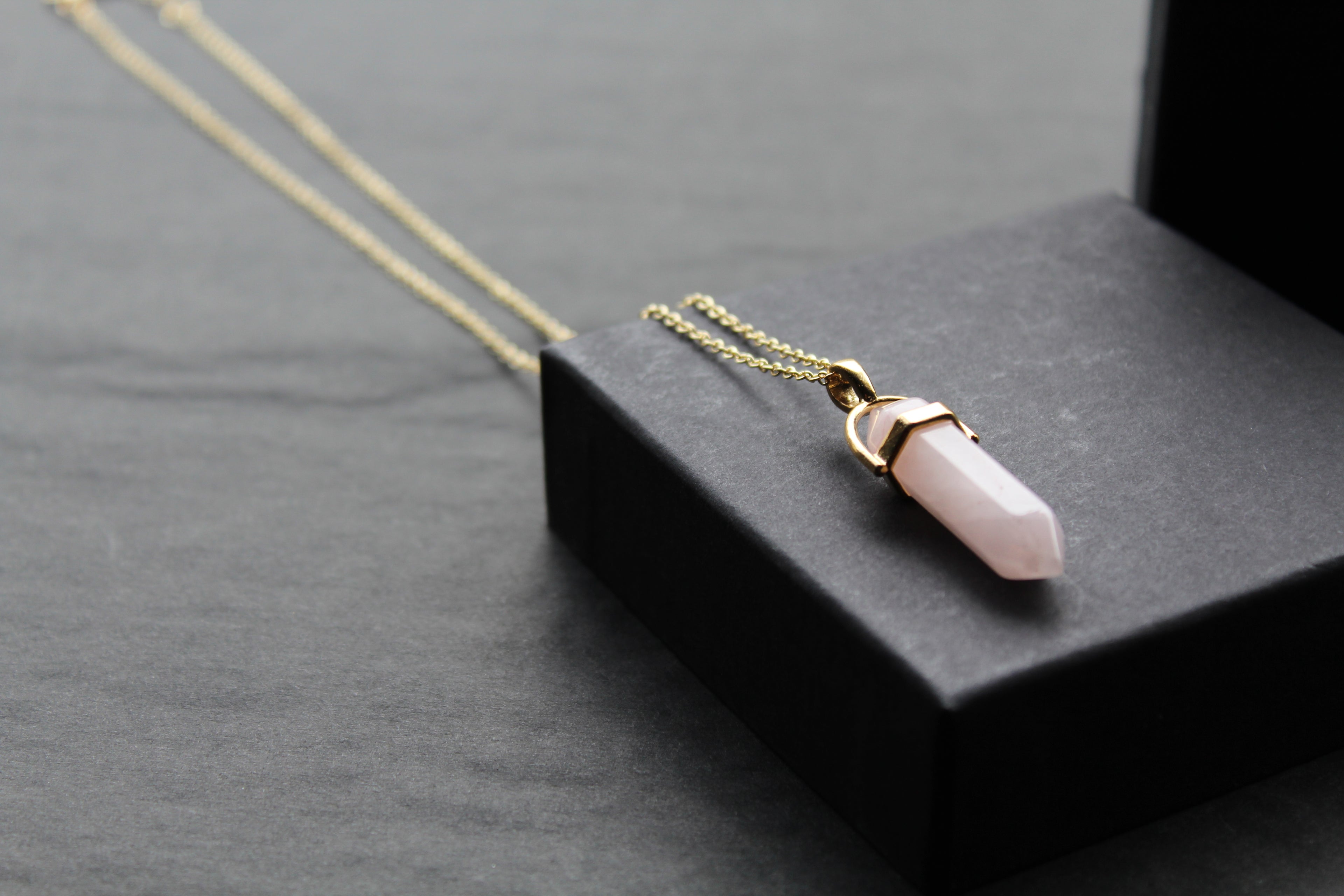 Gold Tone Rose Quartz Crystal Point Necklace