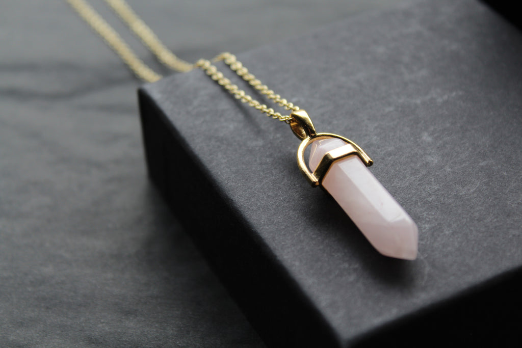 Gold Tone Rose Quartz Crystal Point Necklace