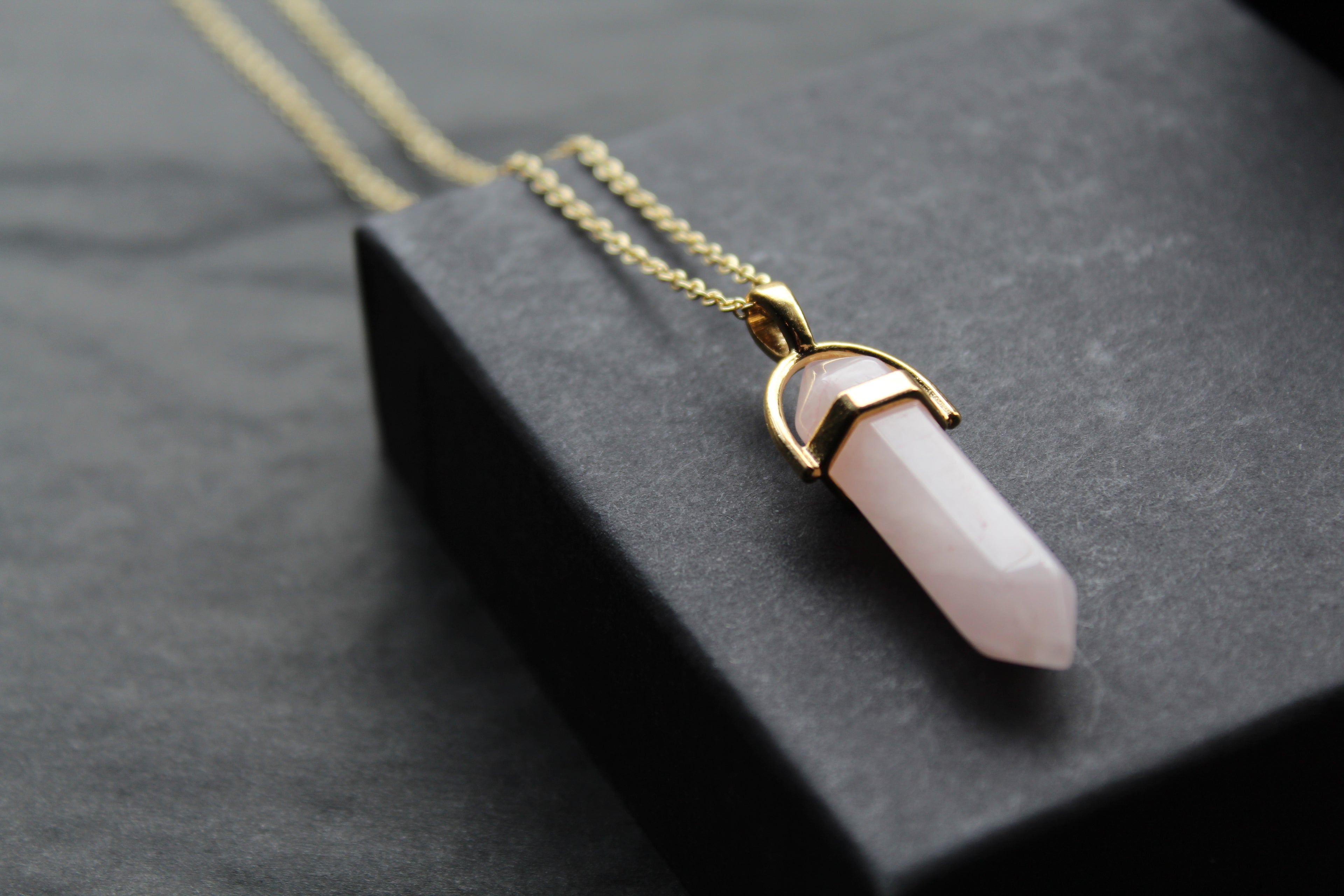 Gold Tone Rose Quartz Crystal Point Necklace