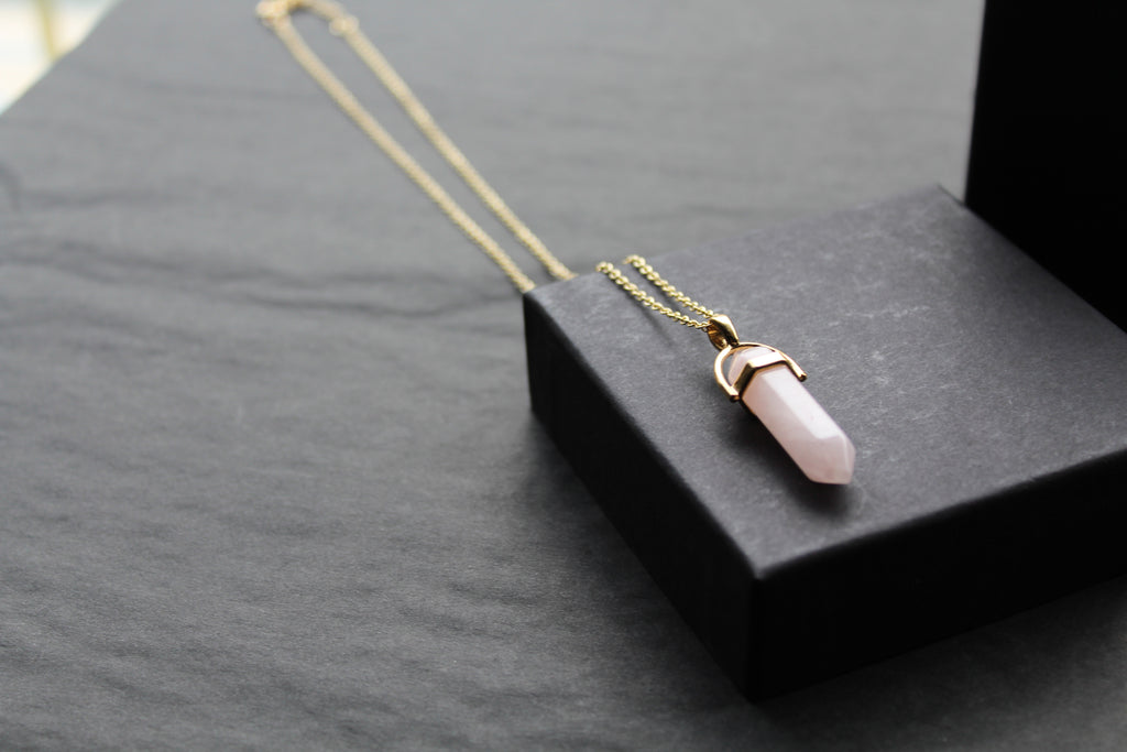 Gold Tone Rose Quartz Crystal Point Necklace