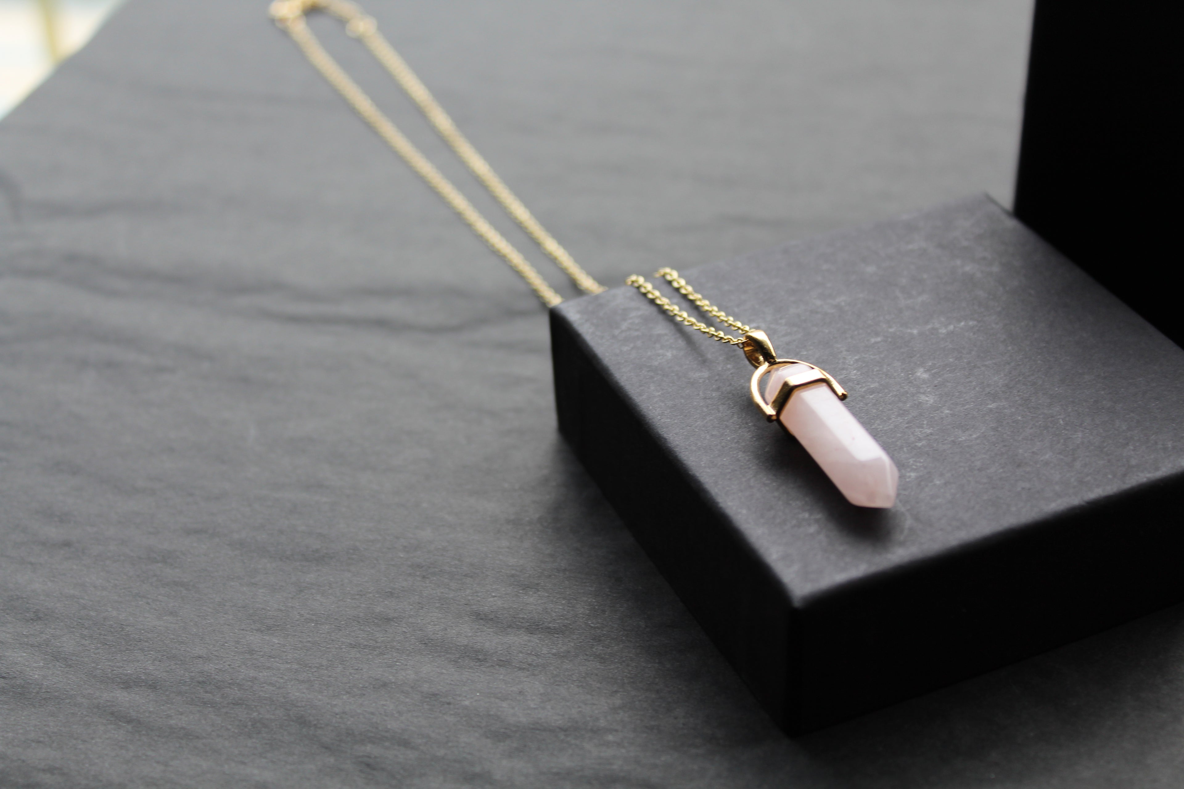Gold Tone Rose Quartz Crystal Point Necklace