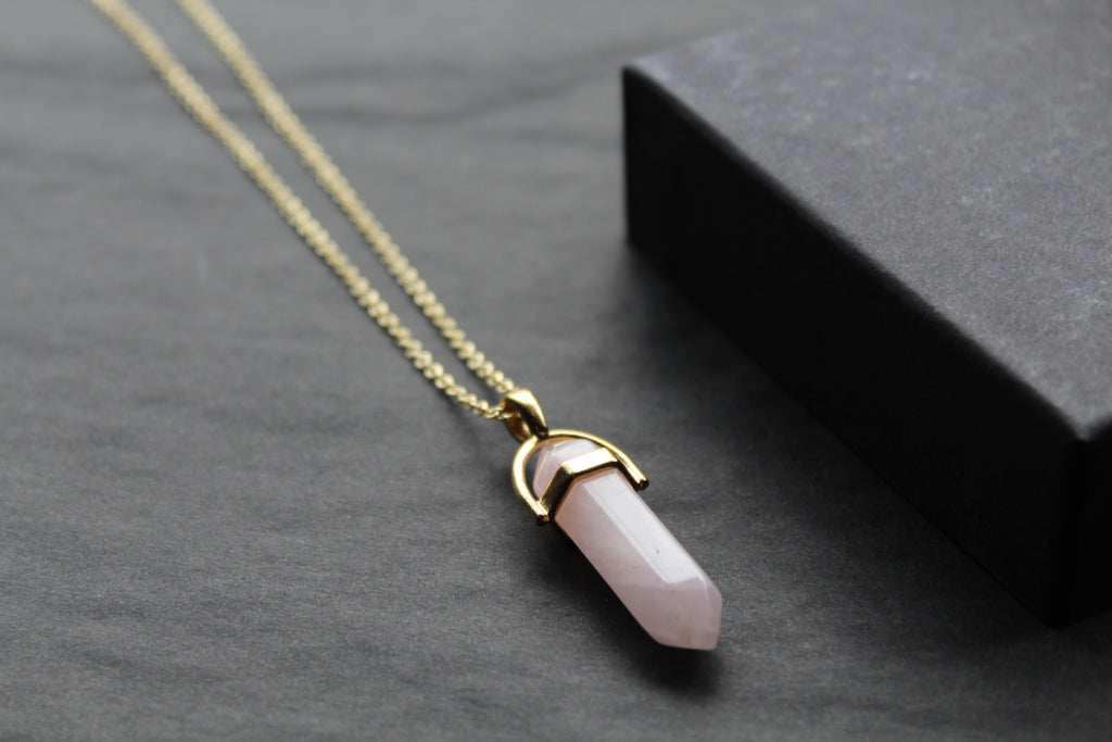Gold Tone Rose Quartz Crystal Point Necklace
