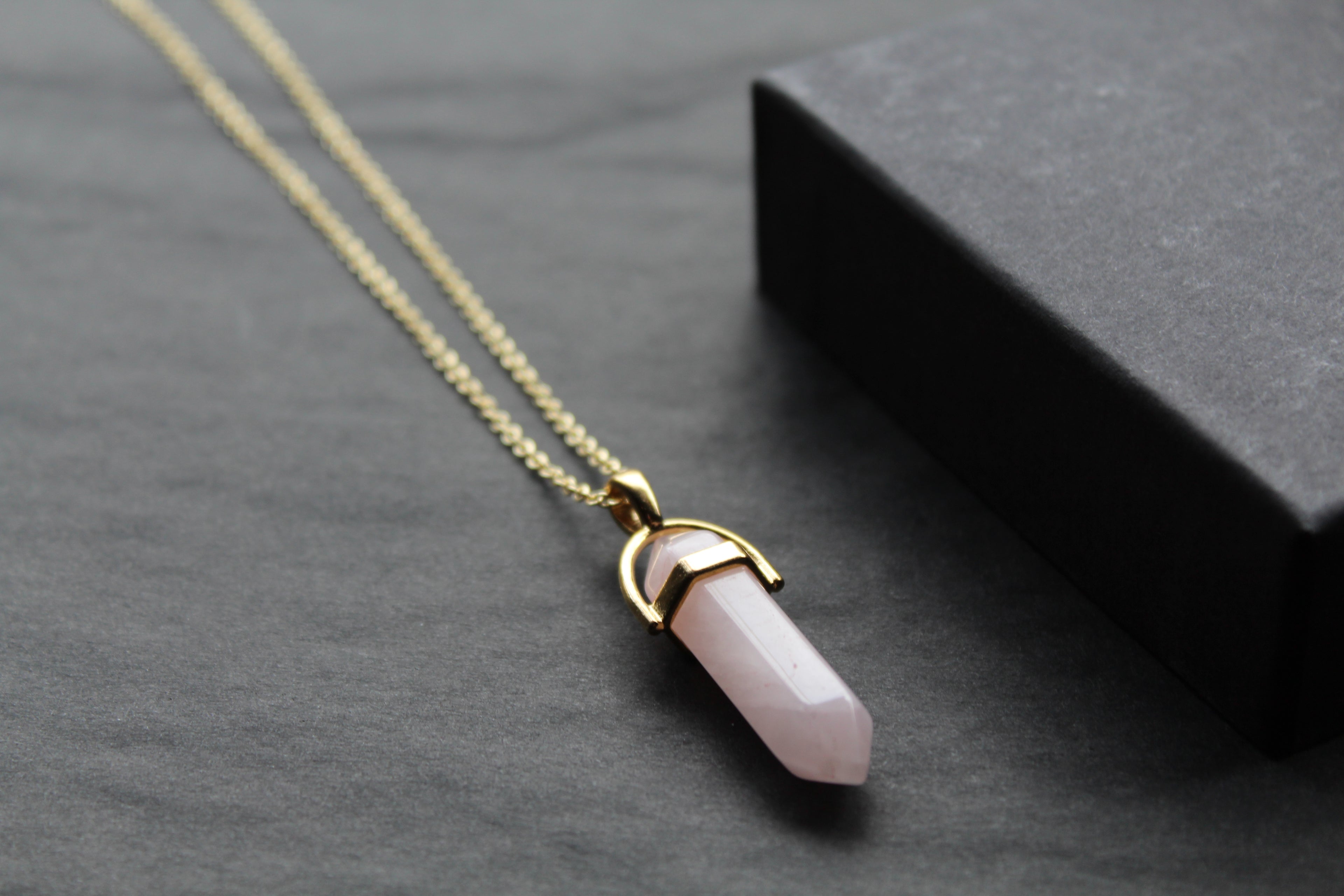 Gold Tone Rose Quartz Crystal Point Necklace