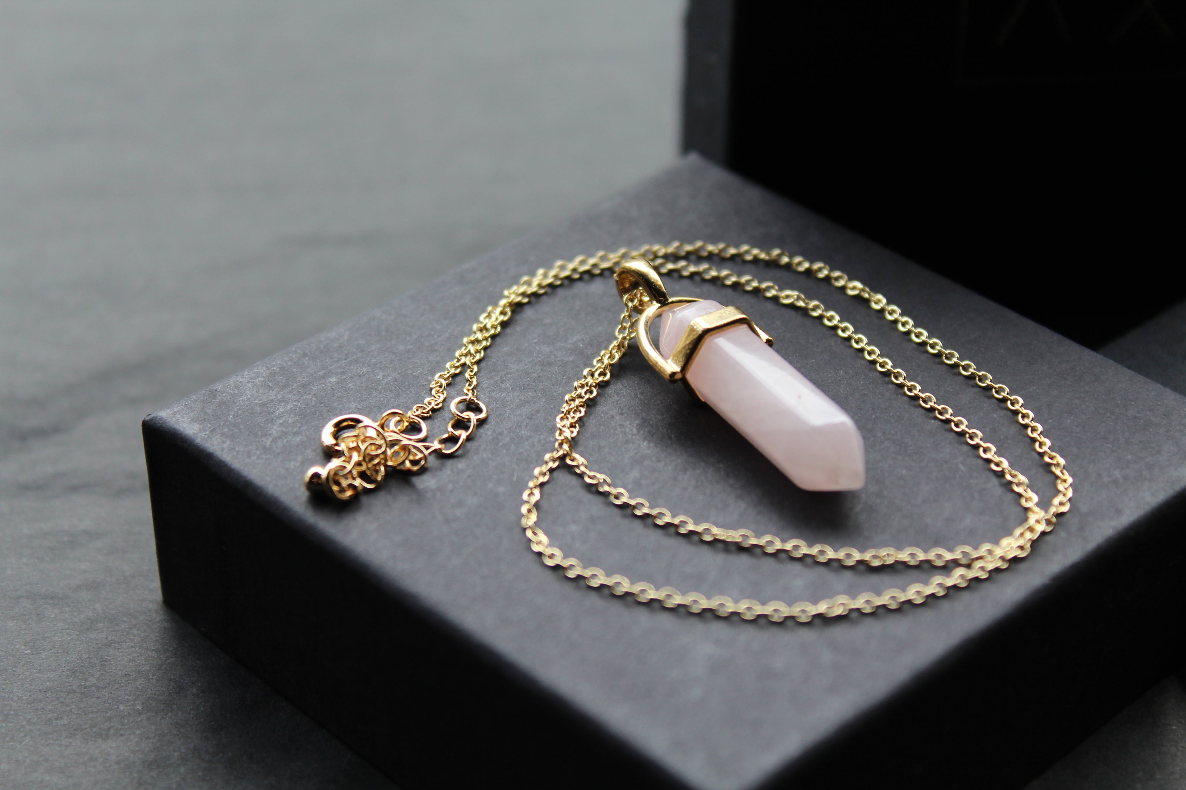 Gold Tone Rose Quartz Crystal Point Necklace