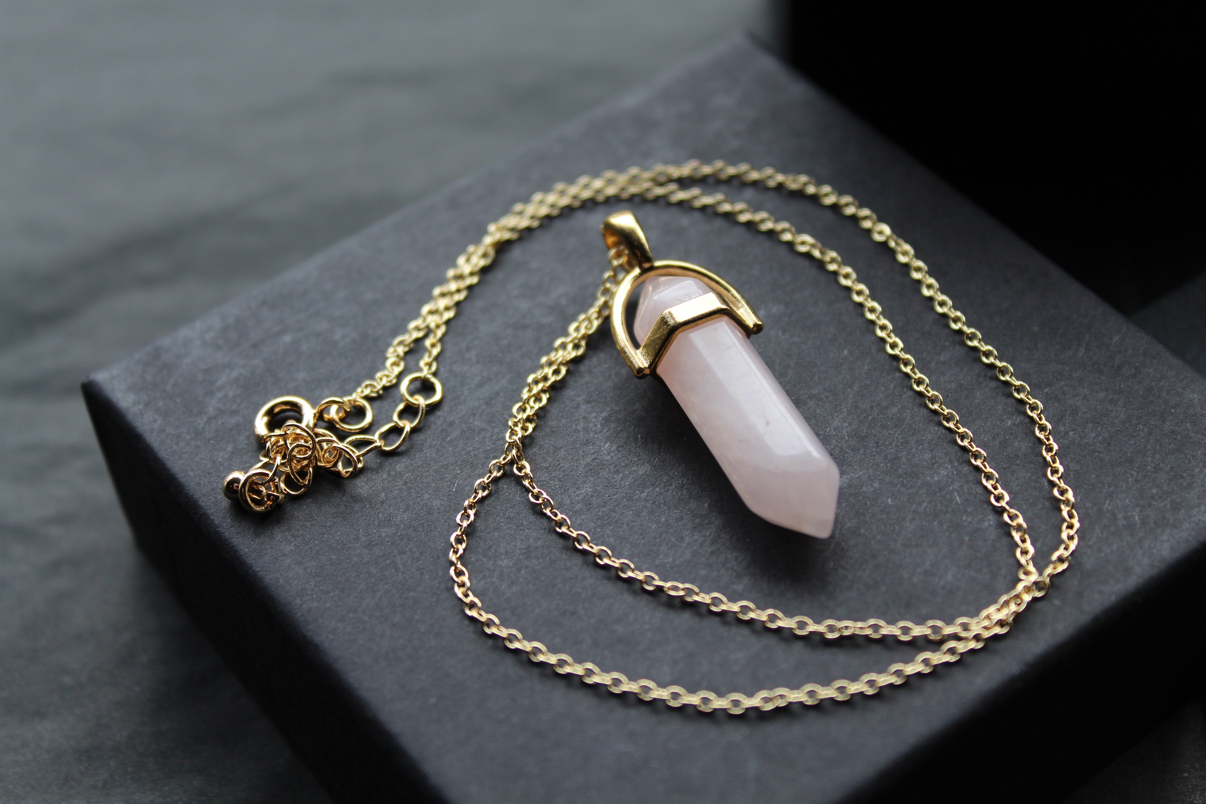 Gold Tone Rose Quartz Crystal Point Necklace