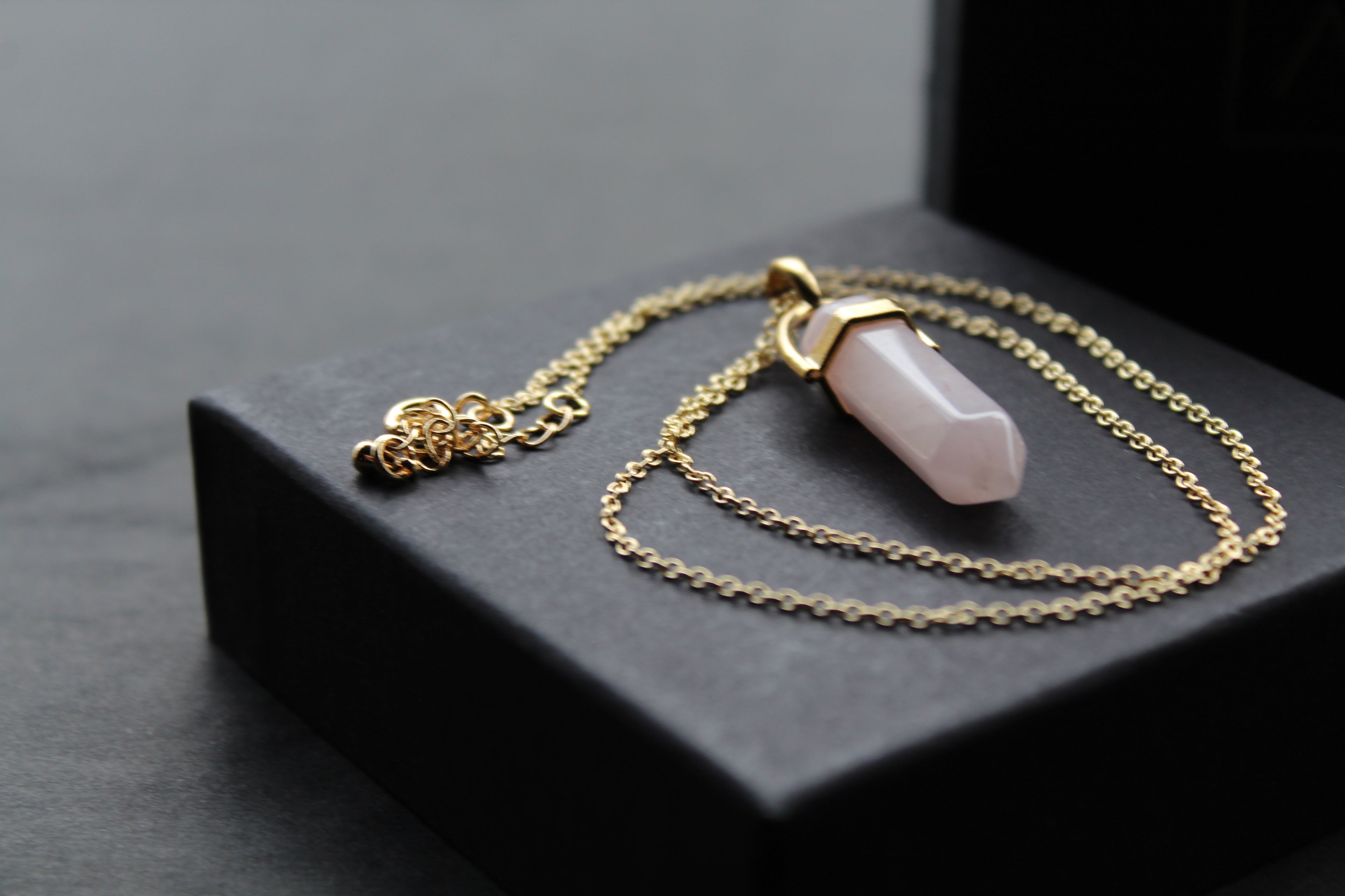 Gold Tone Rose Quartz Crystal Point Necklace