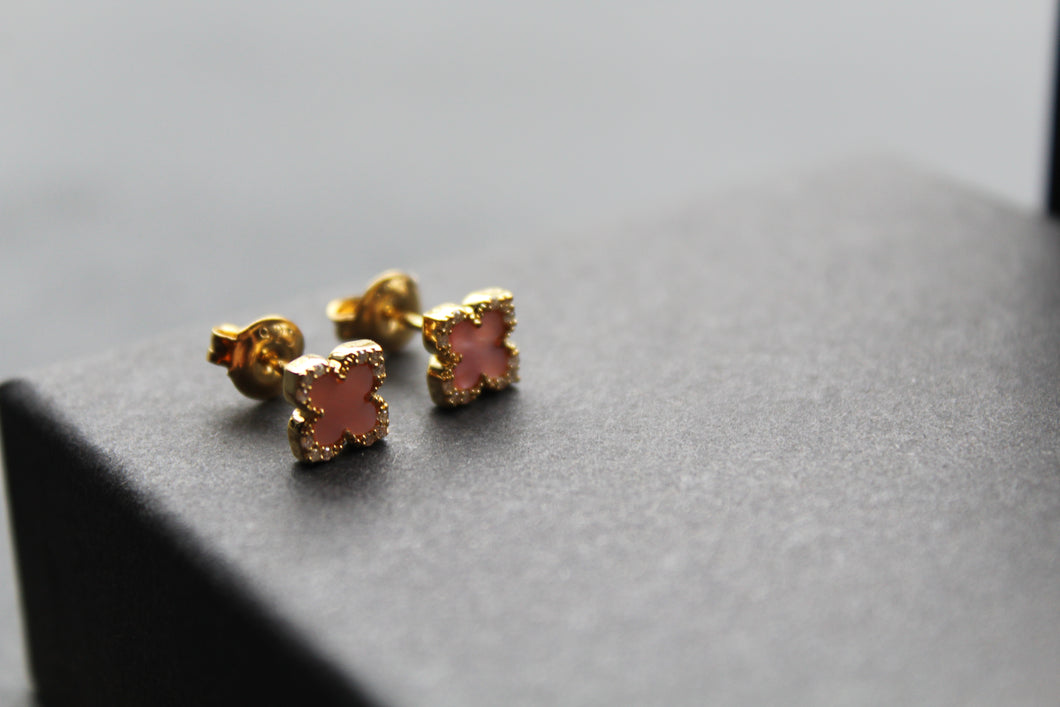 Gold Vermeil CZ Vintage Flower Earrings with Pink Mother of Pearl