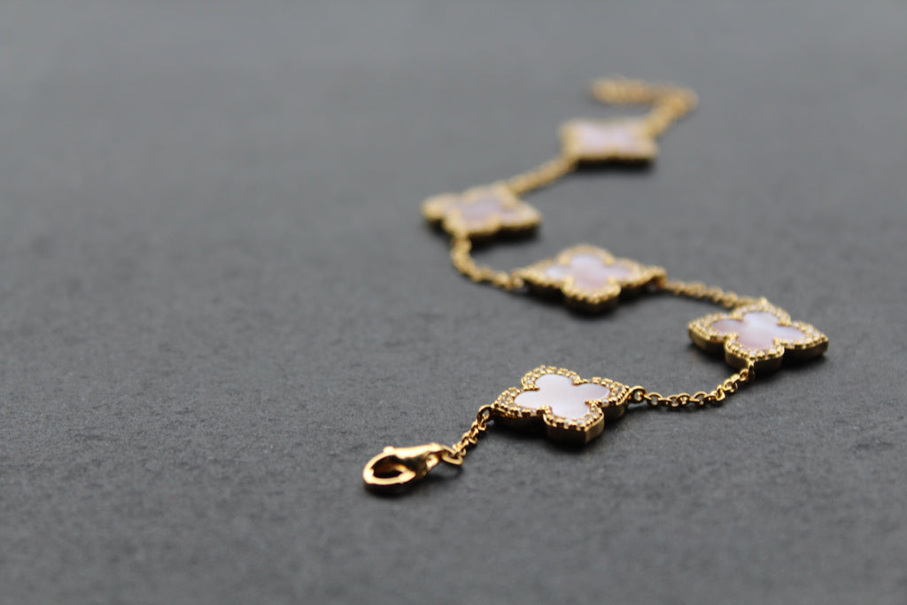Gold Vermeil CZ Vintage Flower Pink Mother of Pearl Bracelet