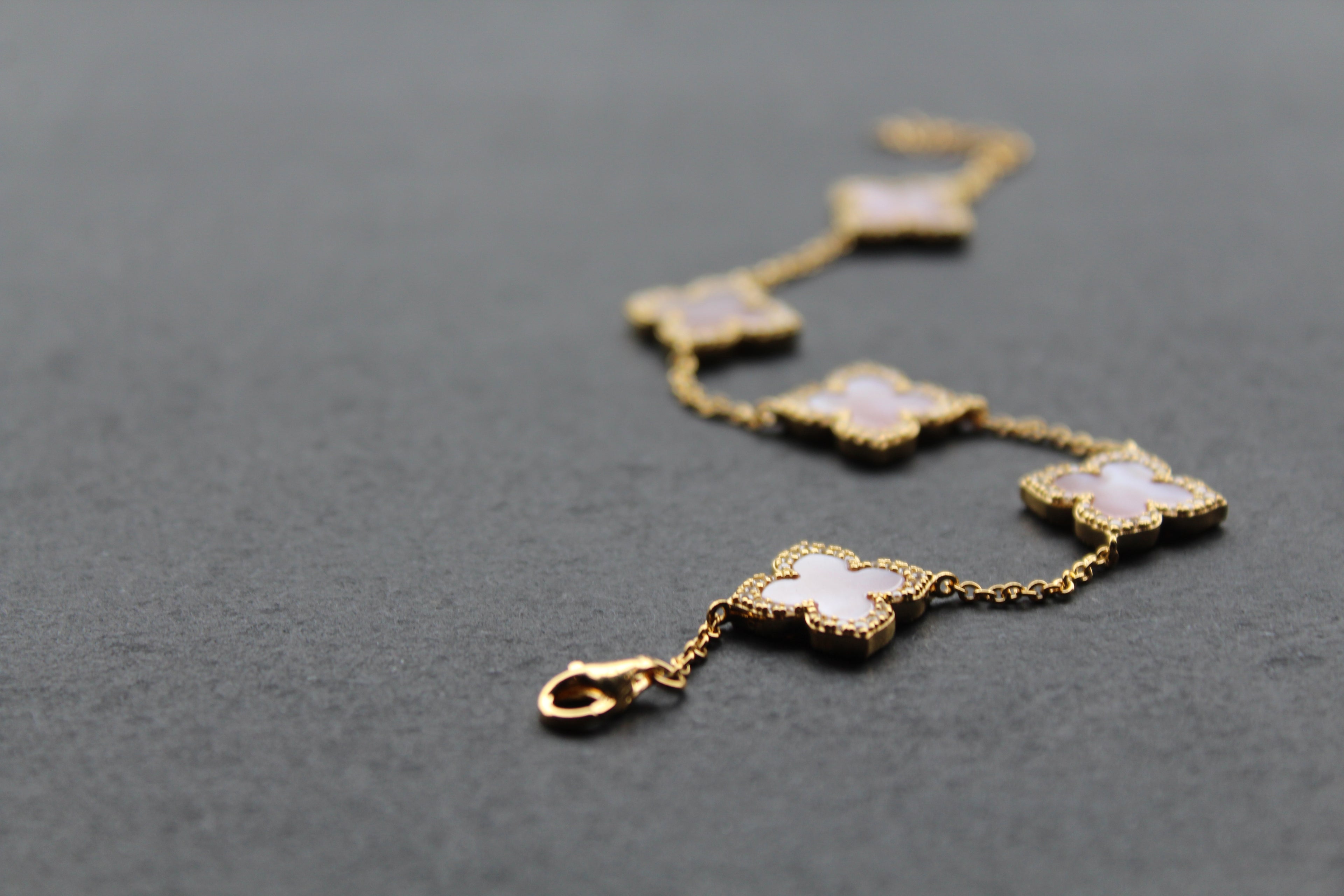 Gold Vermeil CZ Vintage Flower Pink Mother of Pearl Bracelet