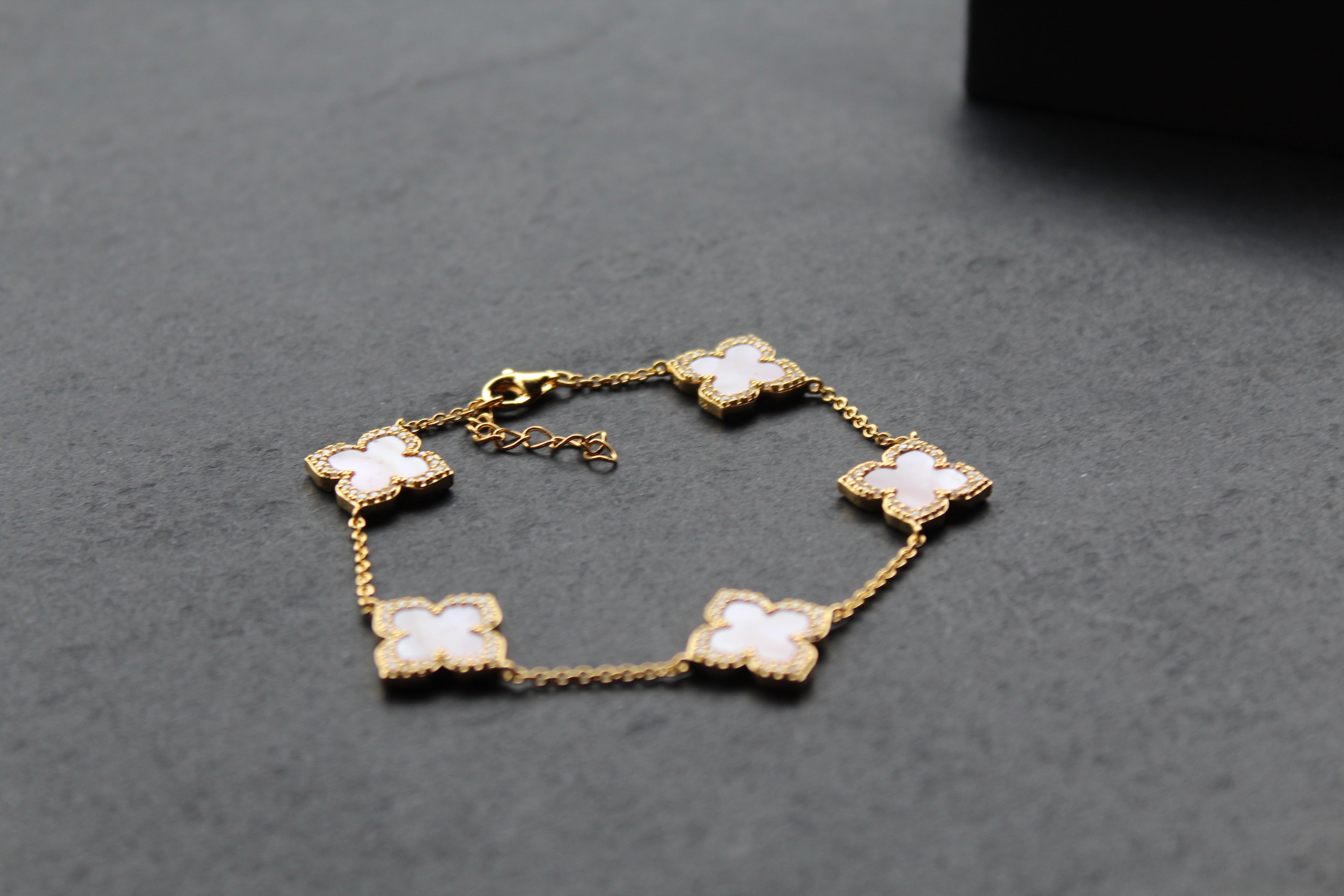 Gold Vermeil CZ Vintage Flower Pink Mother of Pearl Bracelet