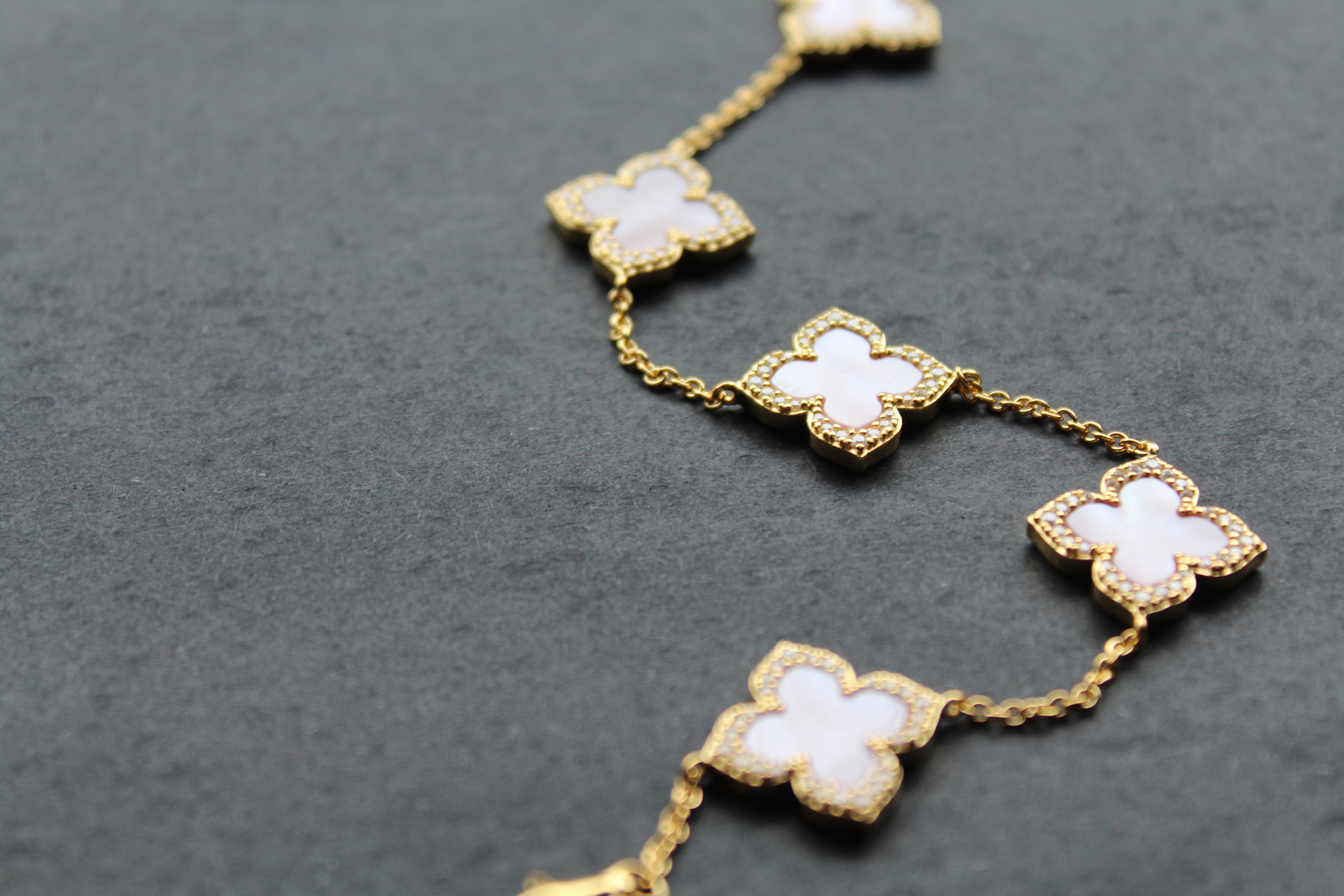 Gold Vermeil CZ Vintage Flower Pink Mother of Pearl Bracelet